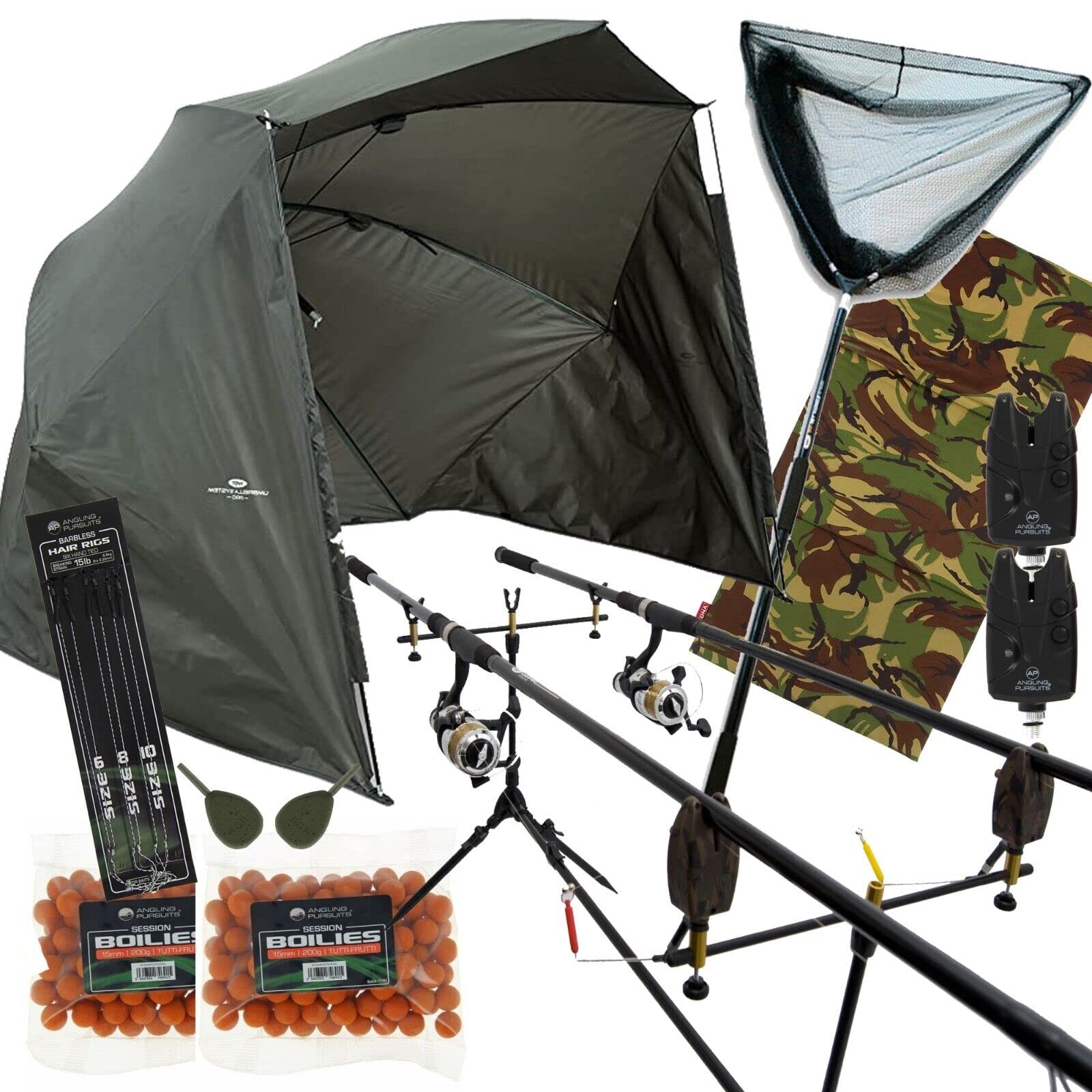 Carp Fishing 2/3 12ft 3pc Rod & Reel Setup Bite Alarms Net Pod Tackle Boilies Rigs Unhooking Mat & Shelter Complete Set (3 Rod Setup)