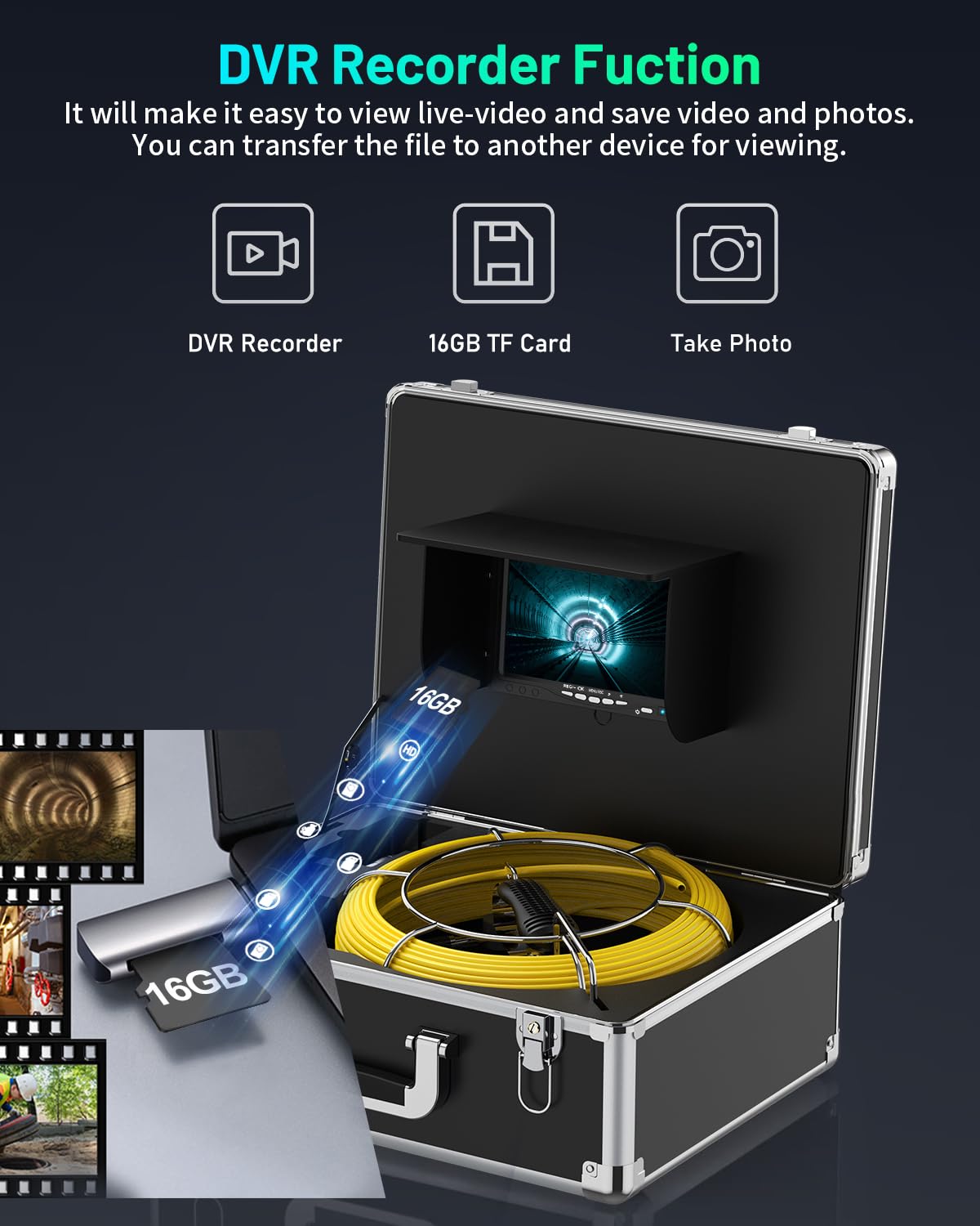 Anysun Sewer Inspection Camera - 100ft with 7" Monitor, DVR, 16GB Card, 12 Lights, Plumbing Pipe Camera for Plumber & Homeowner — Amazon image 3