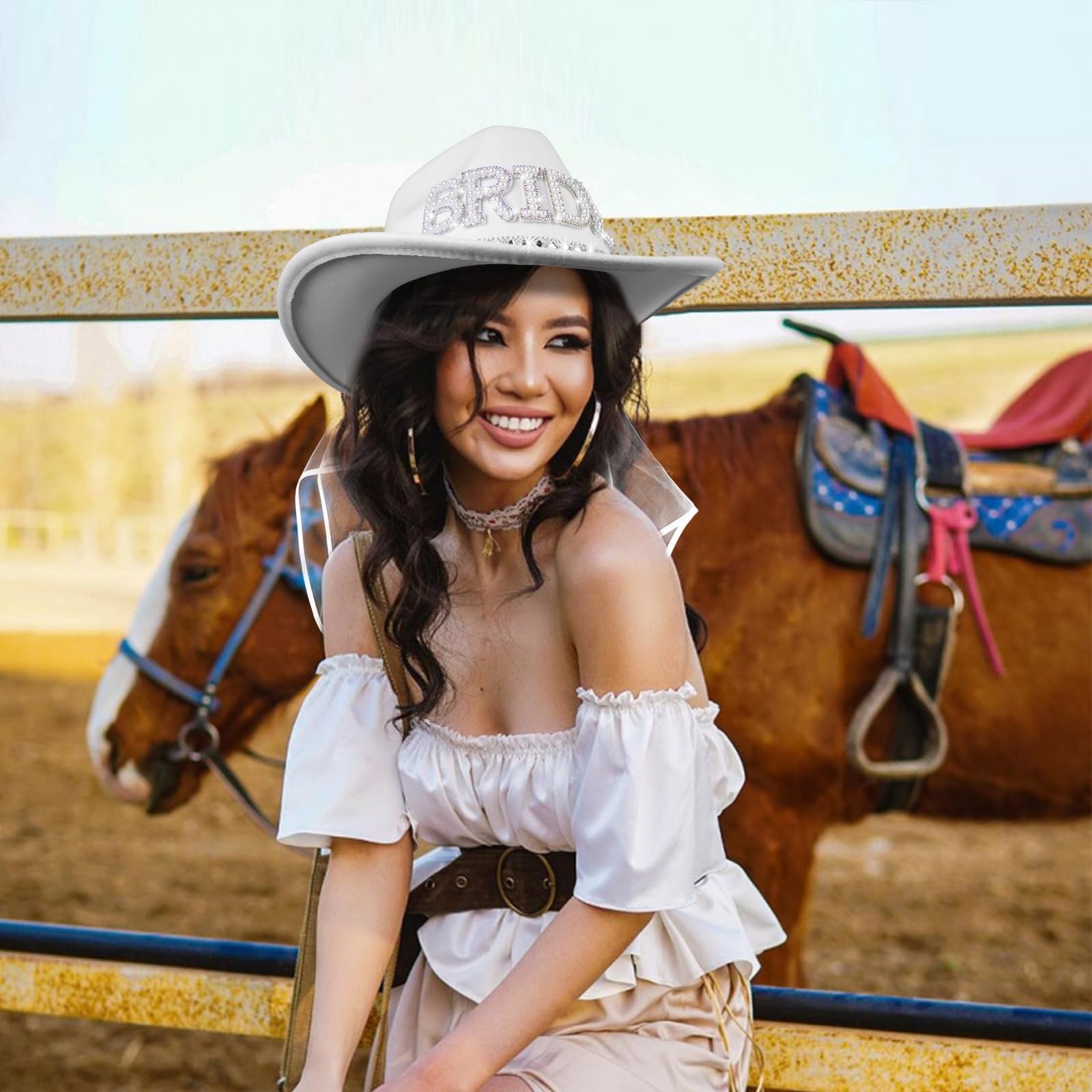 MGupzao Cappello da cowboy e velo, decorazione per feste di addio al nubilato, cappello da cowgirl bianco, bomboniere, regalo per futura sposa, stile country western, bianco, M