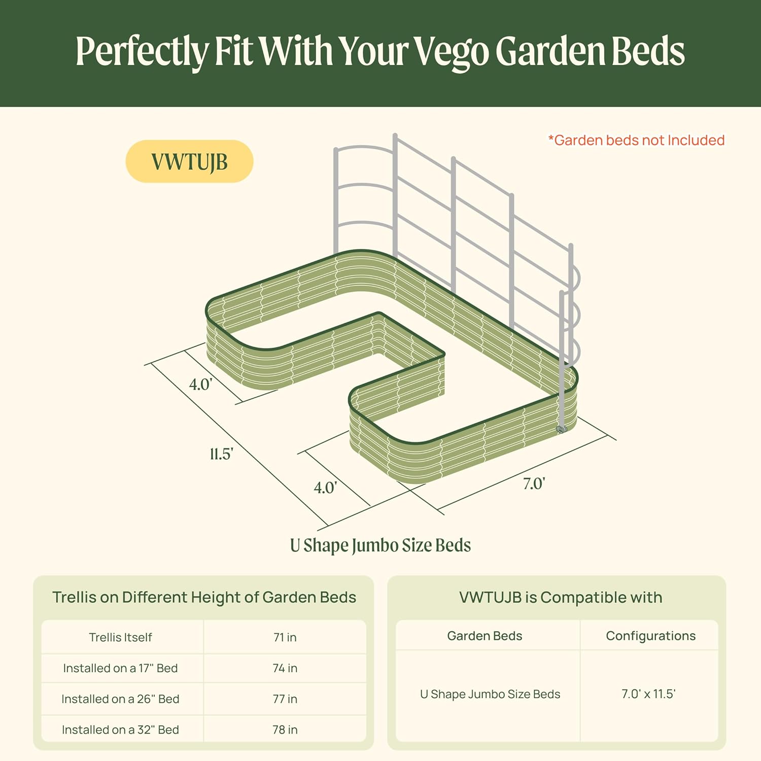 Vego Garden Modular Wall Trellis System, 11.5' Long for 7' x 11.5' Jumbo Size U-Shaped Garden Beds (Garden Beds Not Included)