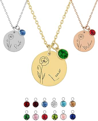 Personalisierte Geburtsblumen Kette mit Namen & Geburtsstein – Wasserfeste Halskette Damen aus Edelstahl – Symbolisches Schmuck Geschenk für Frauen, Beste Freundin & zum Valentinstag