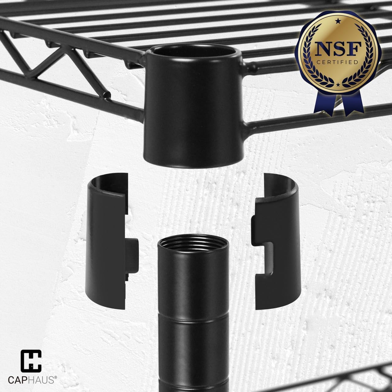 Close-up of the NSF certification logo and the pole connection mechanism with plastic clips.
