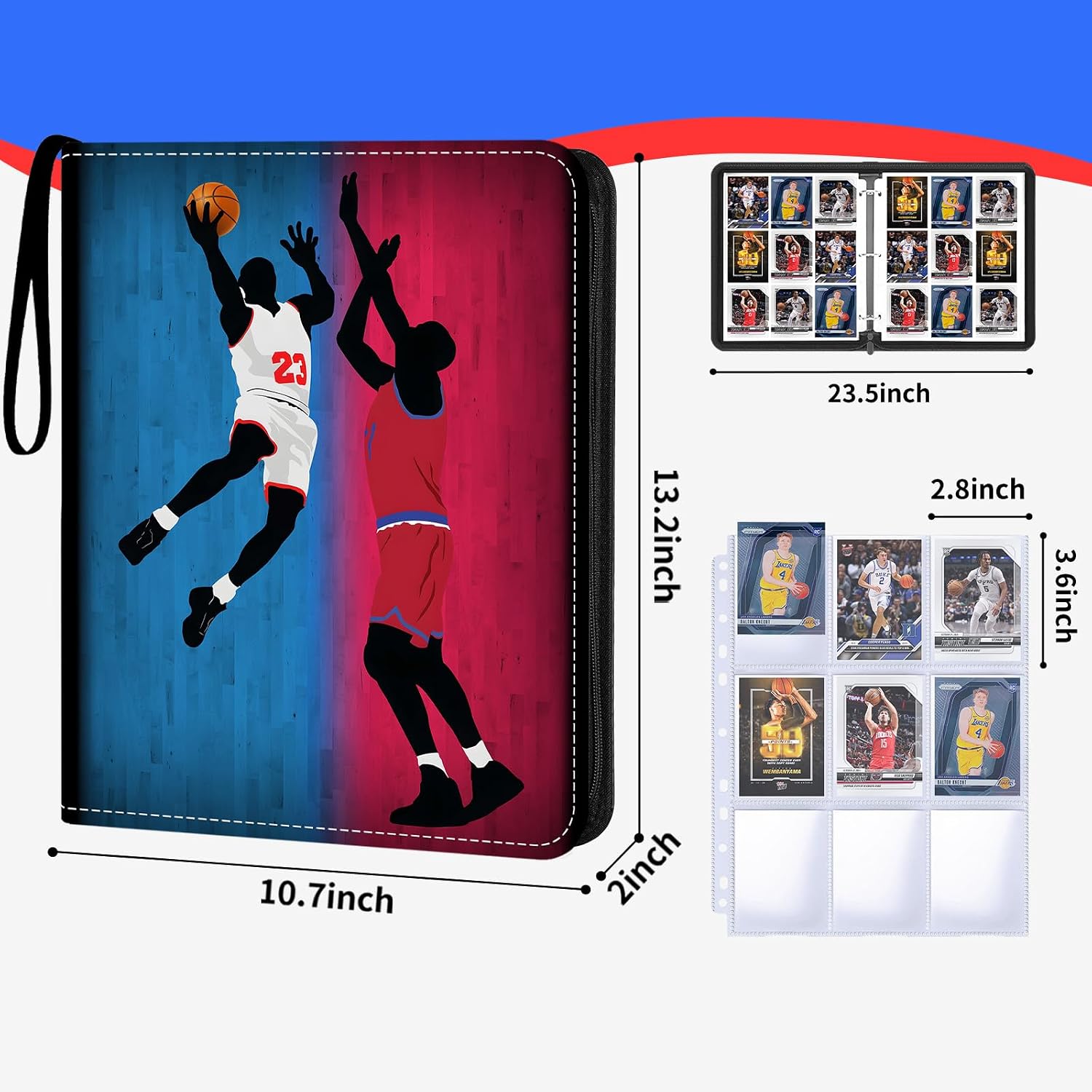 Basketball Card Binder 900 Pockets, 50 Sleeves Trading Card Holder Album, 3-Ring Zippered Sports Card Organizer Display Storage Protectors, Gift for Basketball Card Collectors