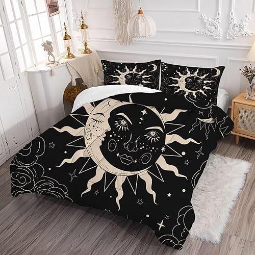Miniatura 3 de kxry Juego de edredón Queen con sol y luna negro para niñas, mujeres y niños, ropa de cama celestial bohemia oculta y media luna con estrellas
