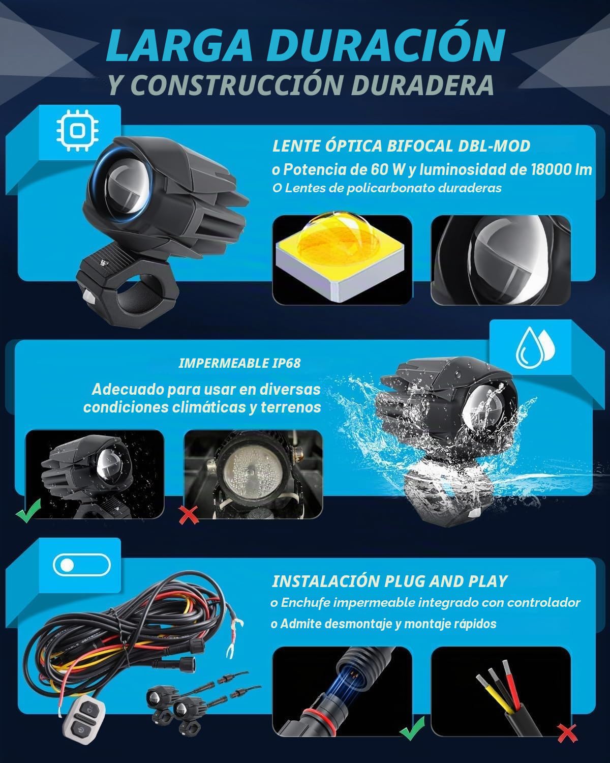 CO LIGHT Paquete de 2 faros antiniebla LED para motocicleta, 60 W, ámbar/amarillo, blanco, dos tonos, luces auxiliares de trabajo todoterreno con arnés de cableado, compatible con motocicleta, coche