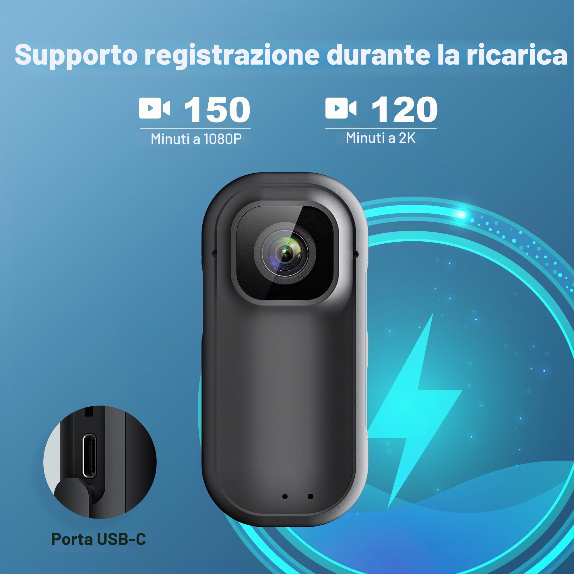 Mini Fotocamera Sportiva 2K WiFi, 128 GB Action Camera, POV Bodycam