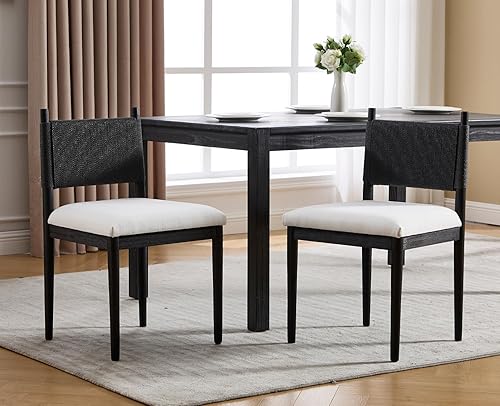 Vista 4 de EALSON Juego de 2 sillas de comedor modernas de mediados de siglo, sillas de comedor de madera negra con respaldo tejido, cómodas sillas de cocina