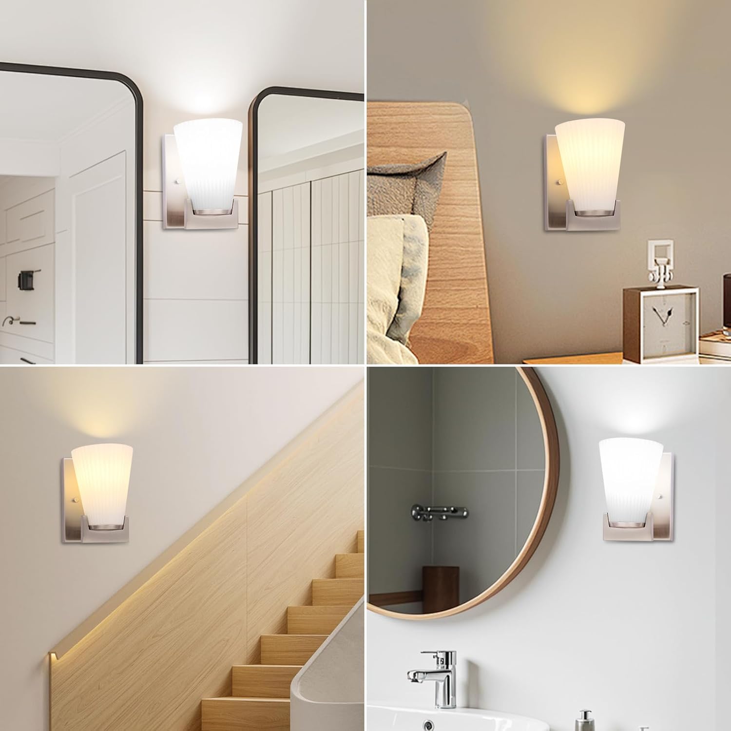1-Light Bathroom Vanity Light, Brushed Nickel Wall Sconce with Ribbed White Glass Shade for Mirror, Bathroom, Bedroom, Living Room, Modern Style Wall Light, 1 Pack, E26 Base (Bulbs Not Included)