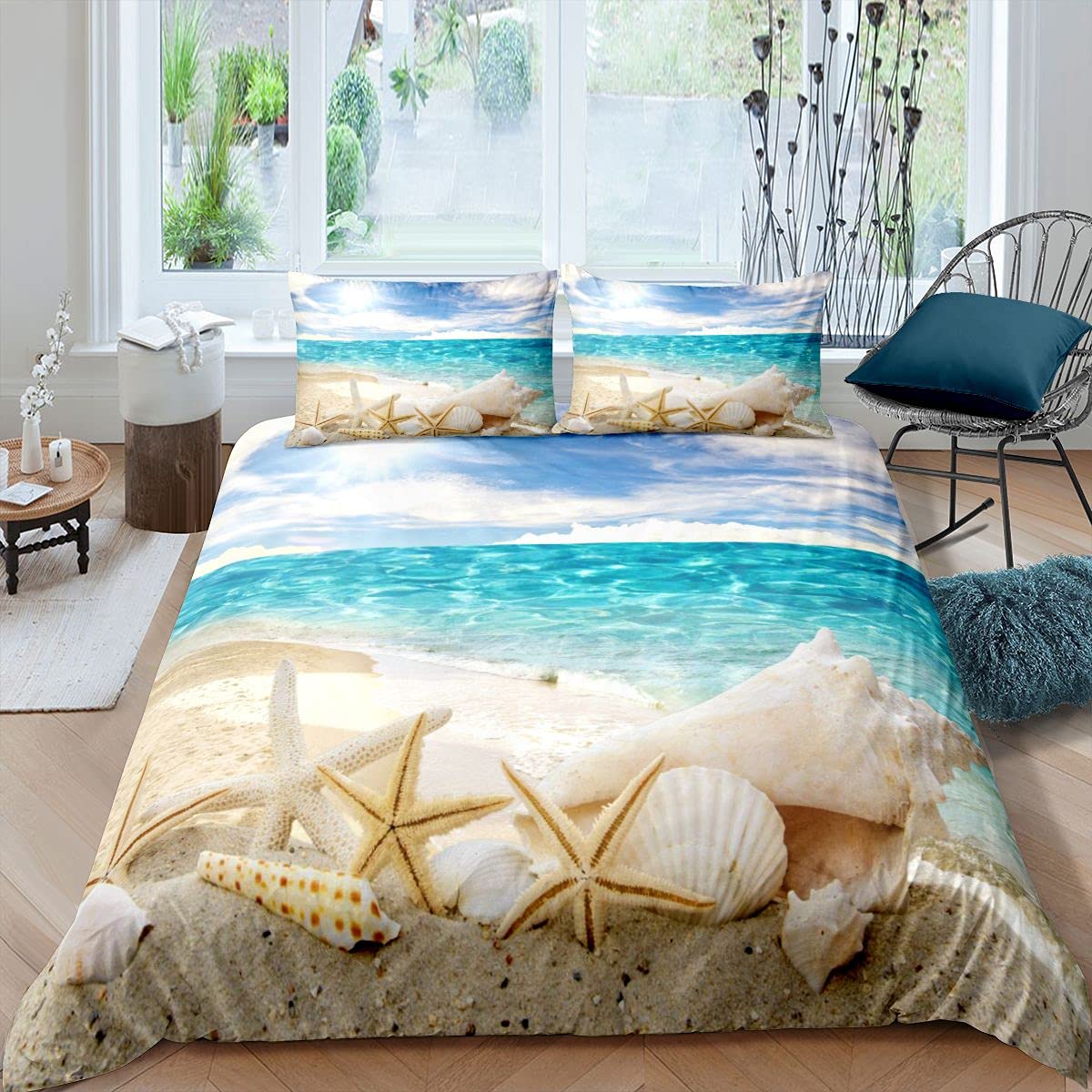 Copripiumino 3D Con Stelle Marine E Conchiglie - Tema Oceano, 140x200 Cm Con Federa 65x65 Cm, Morbida Microfibra Per Camera Da Letto E Regalo