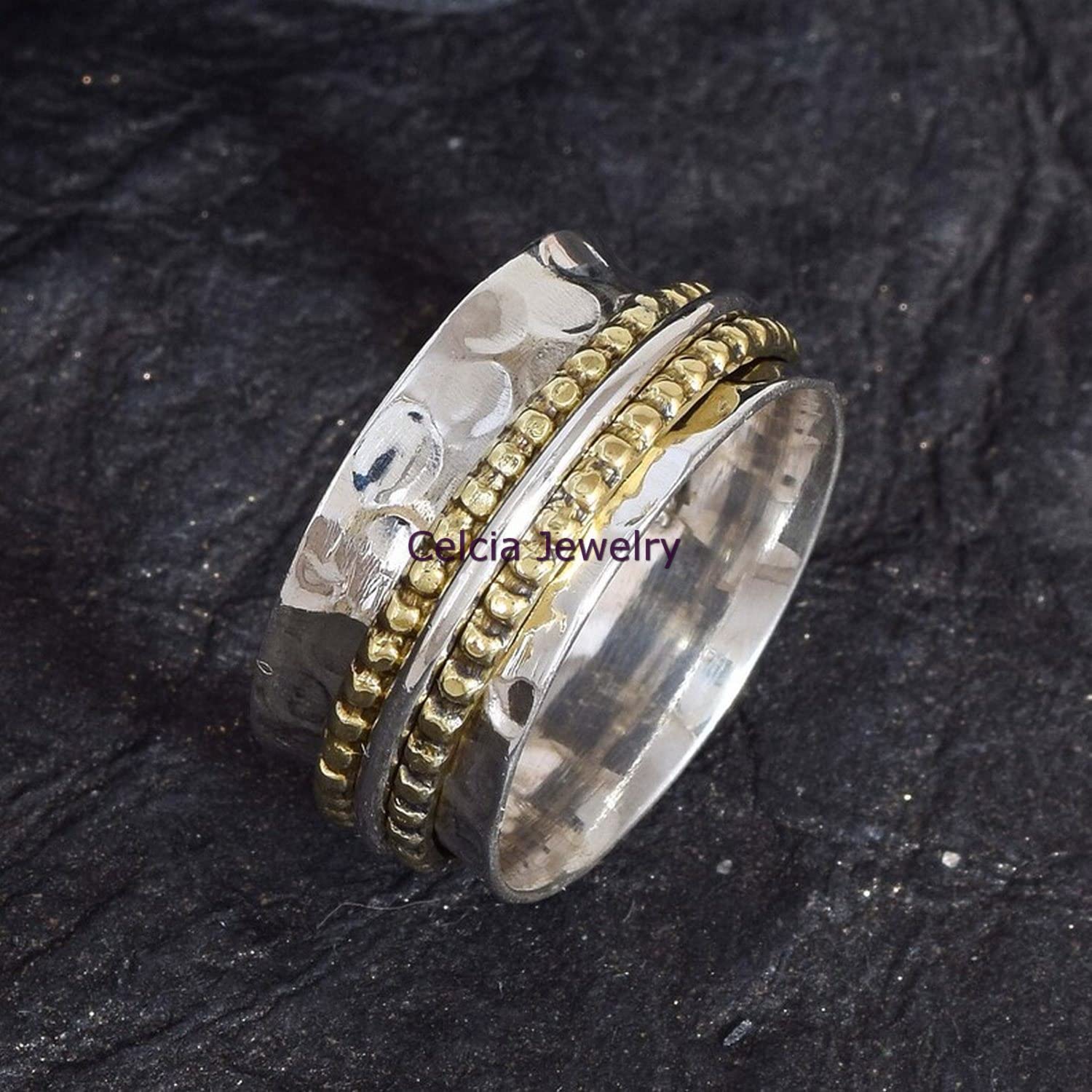 Gehämmerter massiver 925 Sterling Silber Spinner Ring für Frauen und Männer, handgemachter Spinner Meditationsring, schöner Hochzeitsgeschenkring, zarter Ring, zweifarbiger Ring