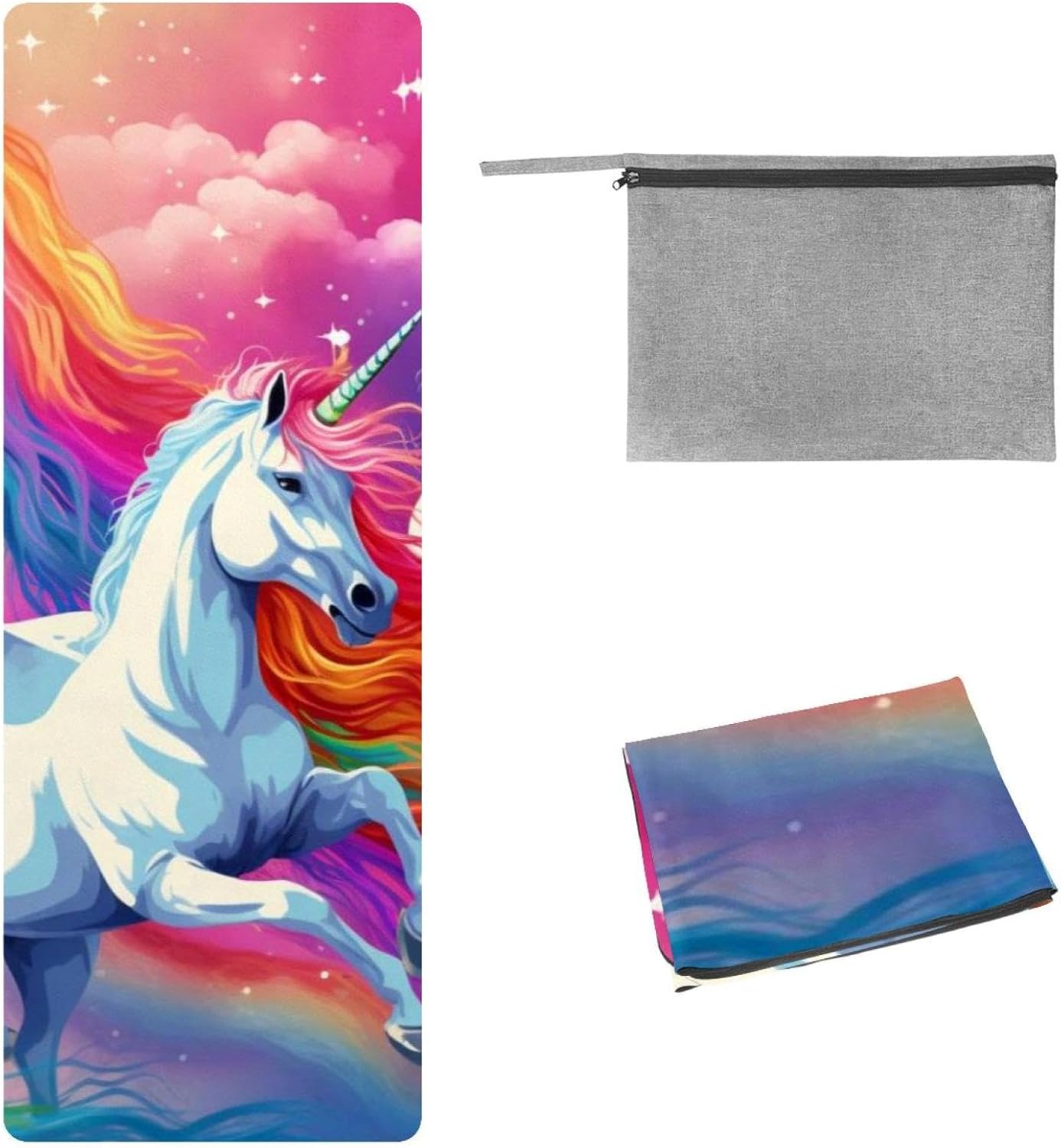 Yoga Towel, Rainbow Unicorn Pattern Non Slip Sweat Absorbent Hot Yoga Mat Towel for Hot Yoga, Pilates and Fitness - 72.8" x 26.8"
