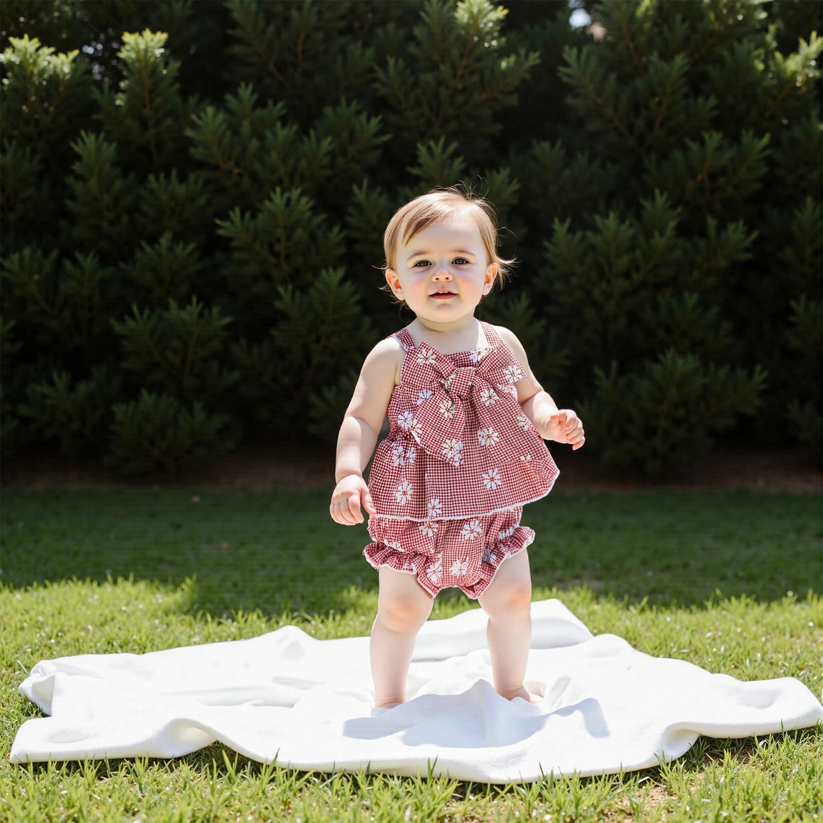 Infant Baby Girls Summer Clothes Daisy Sleeveless Straps Bowknot Ruffle Tank Top and Shorts Set 2pcs Outfit (Red, 3-6 Months)