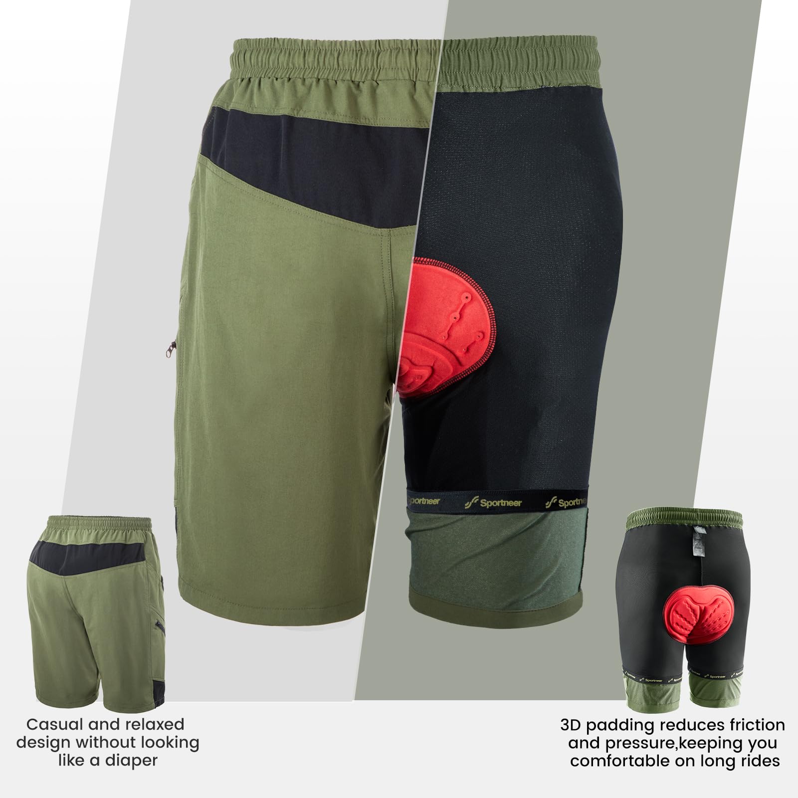 Sportneer Pantaloncini da MTB, Pantaloncini da Ciclismo da Uomo Imbottiti in 3D Pantaloni Traspiranti per Biciclette MTB Pantaloncini da Ciclismo per Esterno