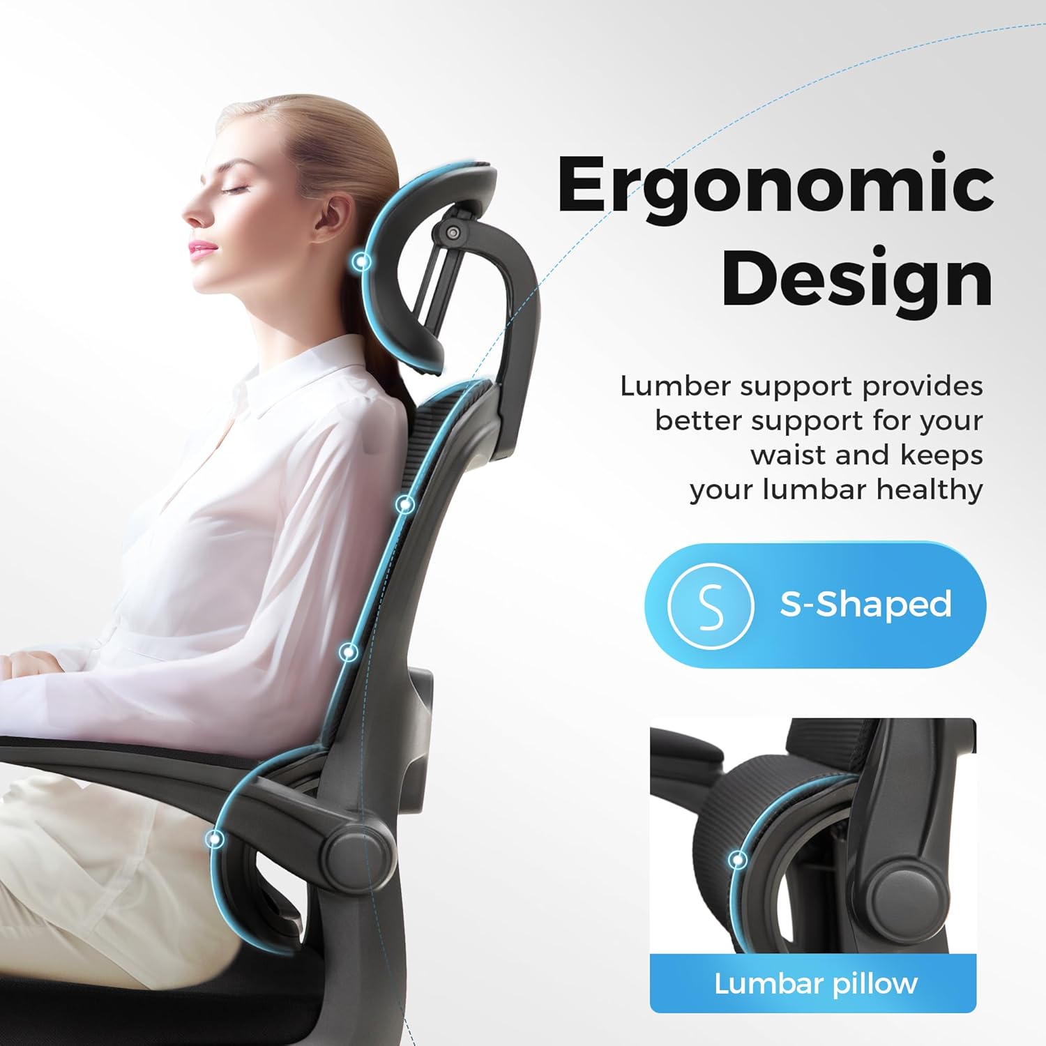 MAISON ARTS Ergonomic Office Chair, Breathable Mesh Computer Chair with Lumbar Support and Flip up Armrests, Black High Back Office Chair Executive Desk Chair with Wheels for Home Office