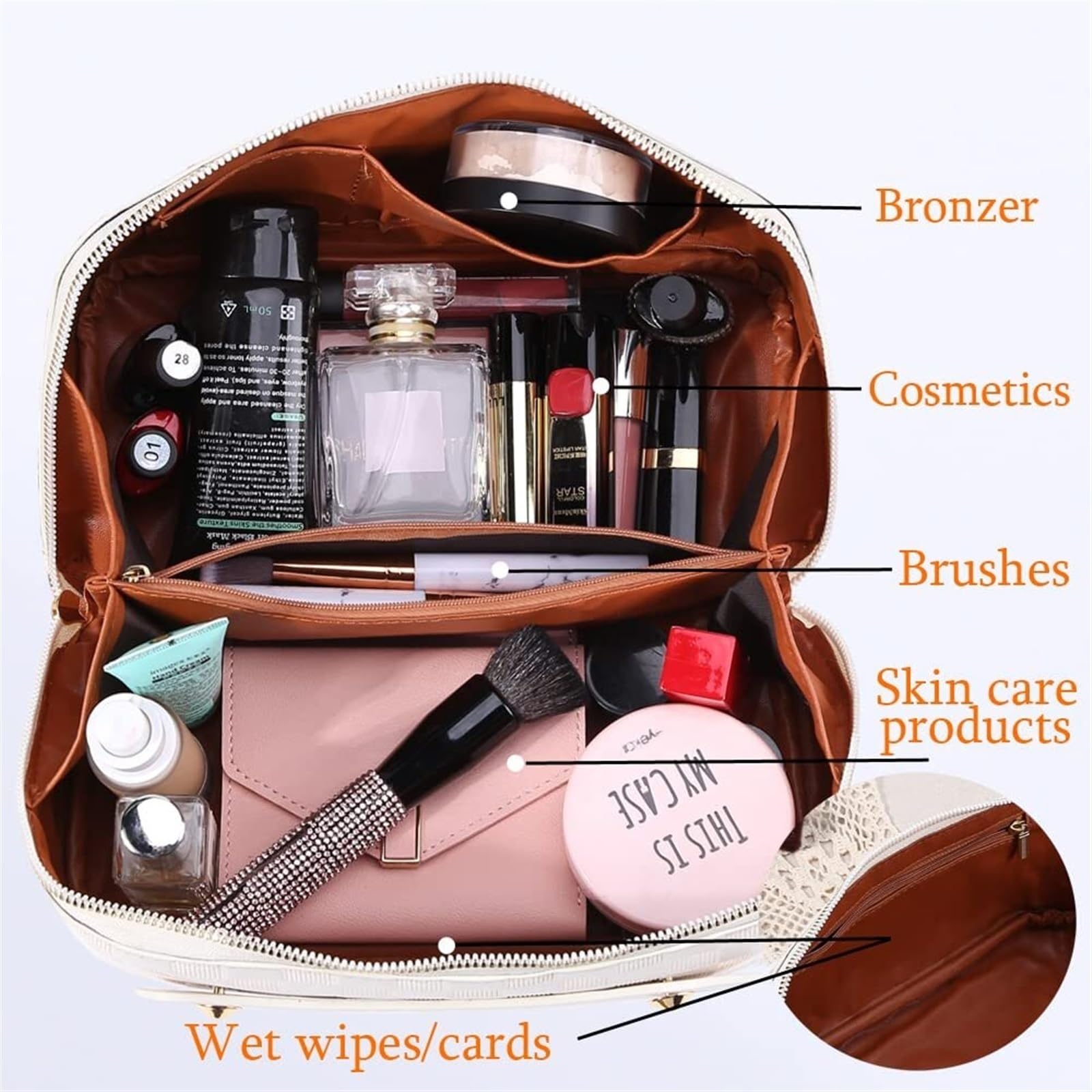 Borsa per Cosmetici Borsa for Cosmetici da Viaggio Borsa for Trucchi Scozzese A Quadretti Borsa Portatile in Pelle con Manico E Scomparti Borsa da Trucco(White)