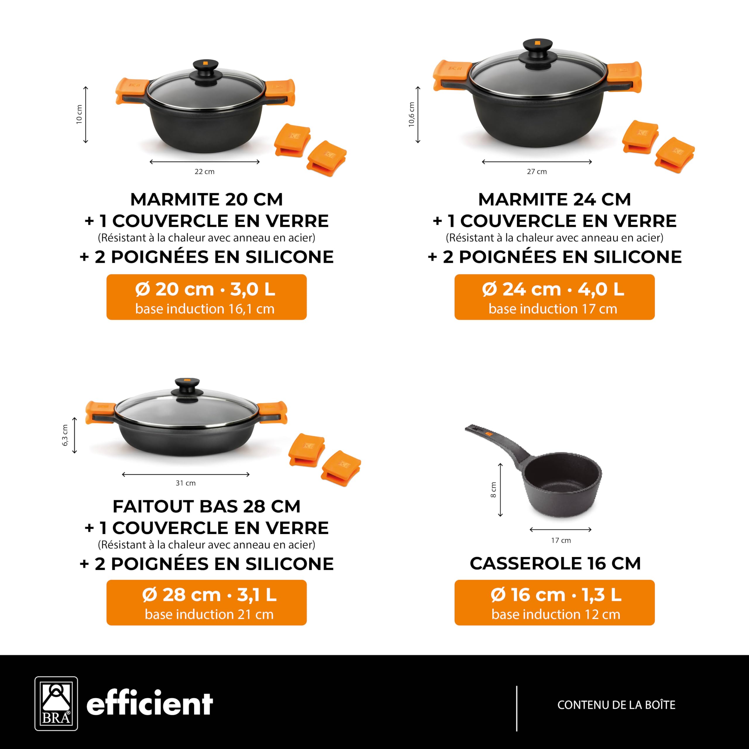 BRA Efficient | Batterie de cuisine 7 pièces en fonte d’aluminium | tous feux dont induction, revêtement antiadhésif