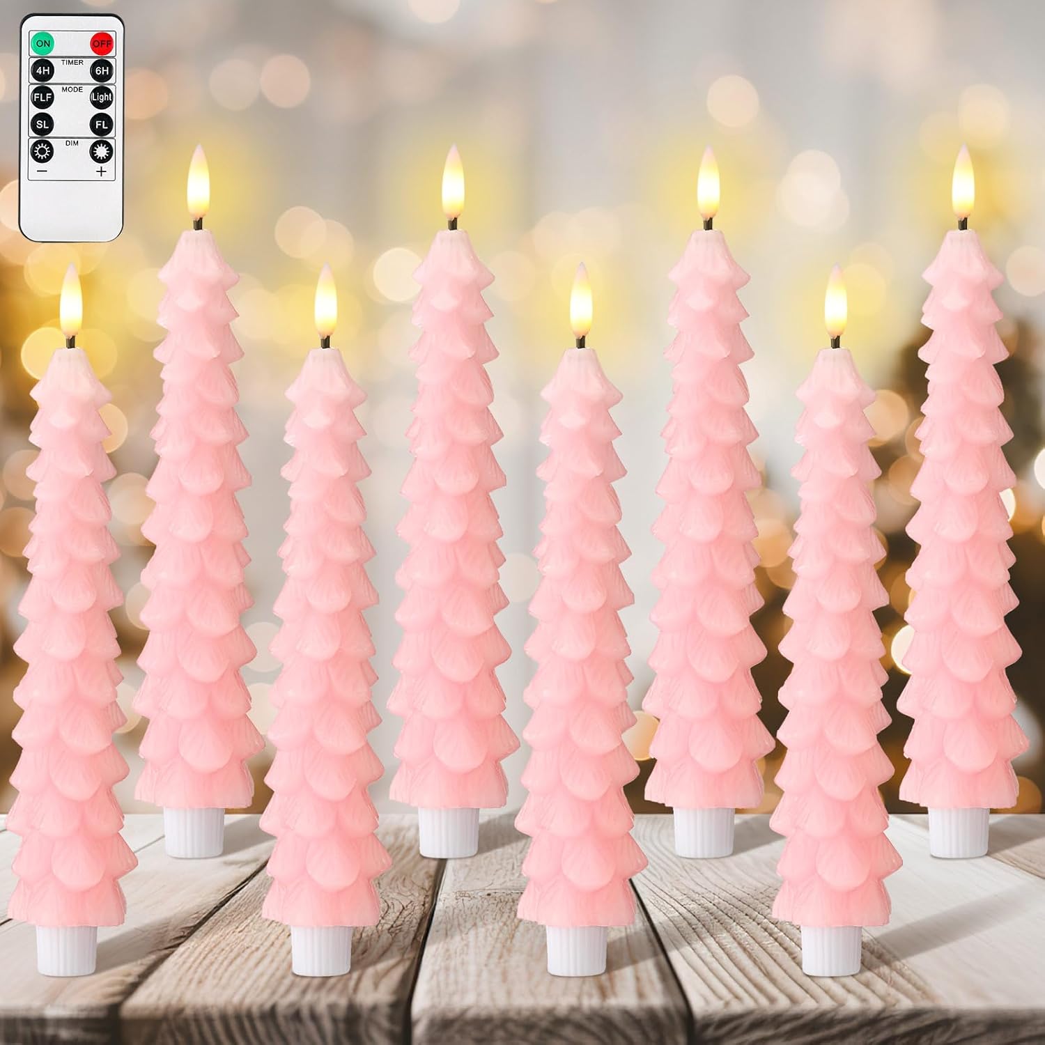 Tujoe 8 Pcs Pink Christmas Tree Flameless Taper Candles with Remote Xmas LED Candlesticks Battery Operated Electric Candlelights 3D Flickering Flame for Holiday Winter Party Table Centerpiece Decor