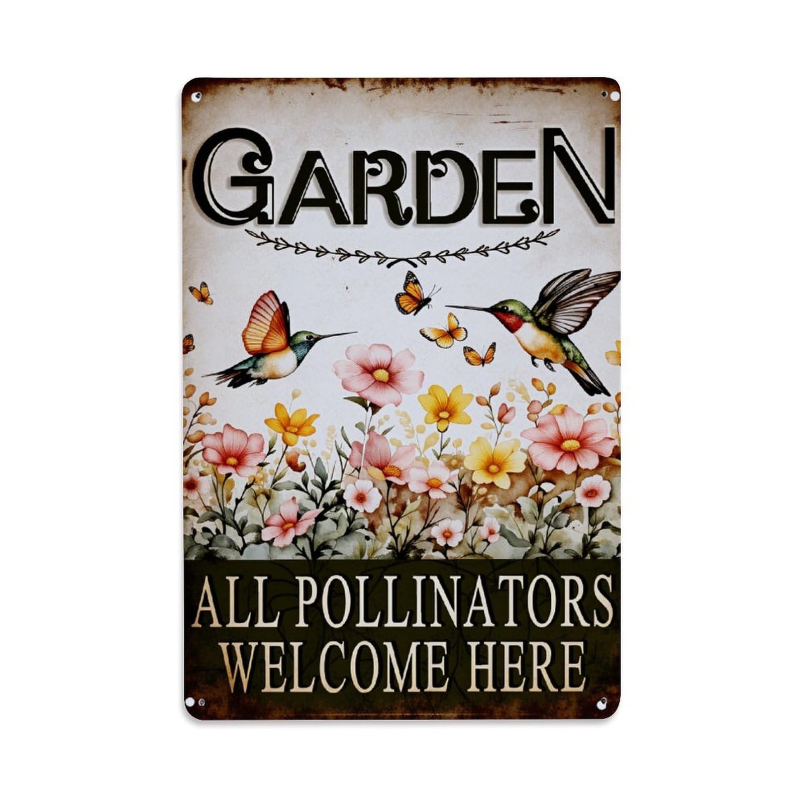 Enderetf Vintage Garden Hummingbirds Butterflies Flowers Welcome Tin Sign Metal Poster, Home Bar Garage Man Cave Cafe Indoor & Outdoor Wall Decoration 8X12inches