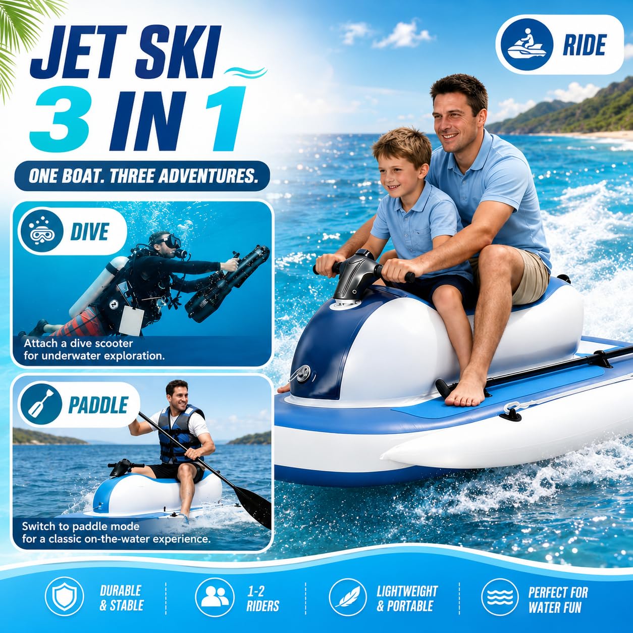 Bateau Gonflable 3-en-1 avec Scooter Aquatique 500W Optionnel Powered | Exploration sous-marine, conversion kayak, construction Drop-Stitch renforcée, usage eau salée, rangement compact coffre