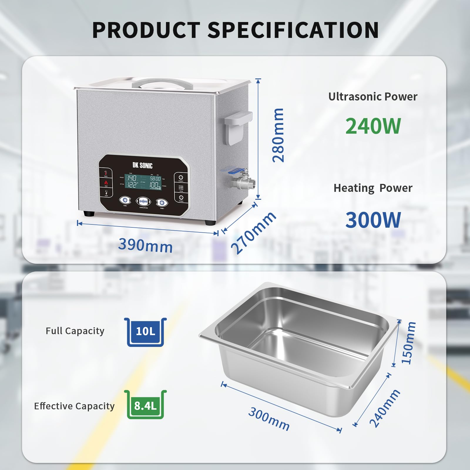 DK SONIC Nettoyeur à ultrasons 10L 240W, Nettoyeur à Ultrasons Robuste avec Commande Tactile Intelligente, Cinq Modes pour Moteurs de Moto, Carburateurs, Chaînes (Panier Inclus)