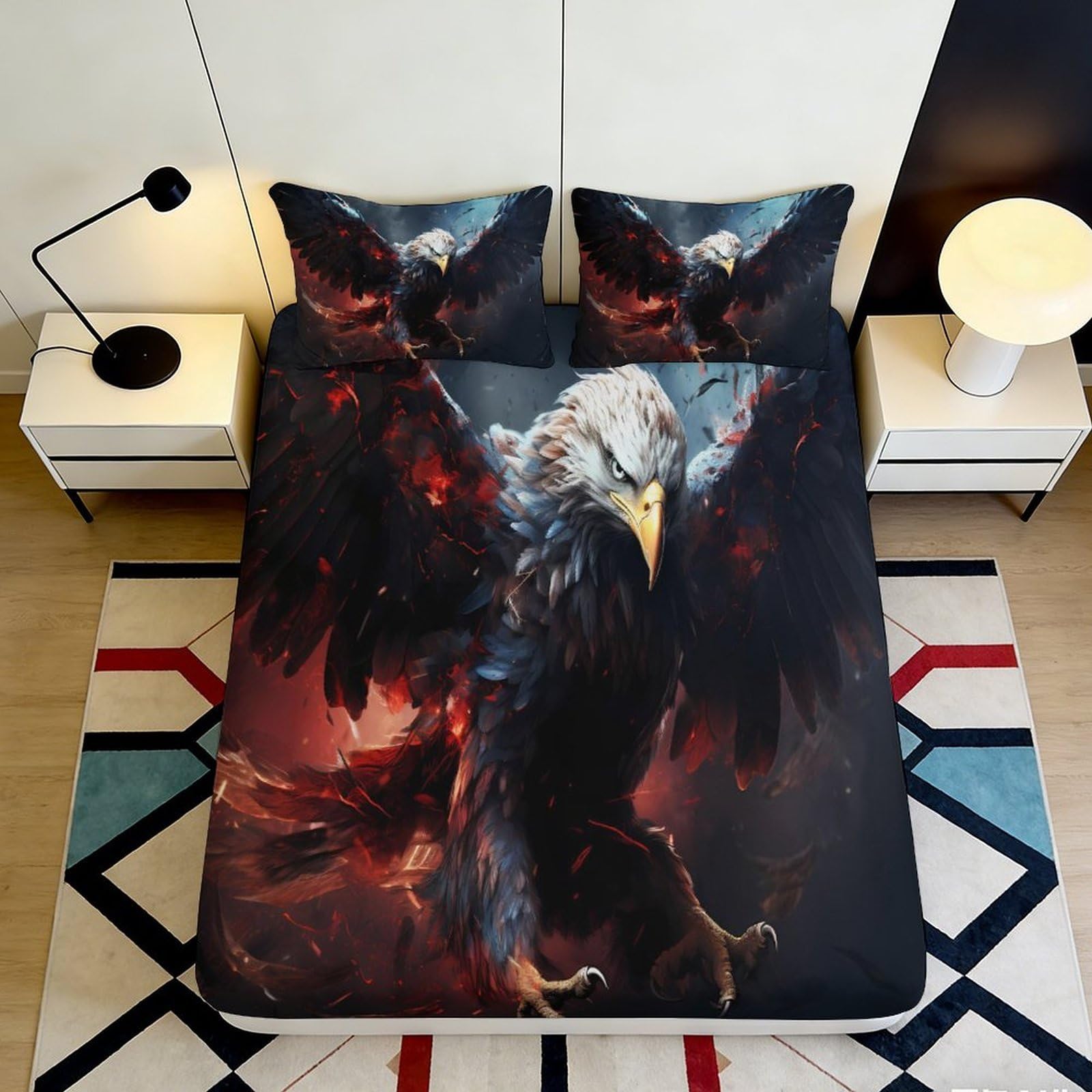 3D Printed Fire Eagle Fitted Sheet Microfiber Anti-Slip Mattress Cover for Bedroom Dorm Decor Easy Care 90x200x25cm