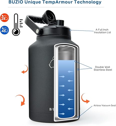 Miniatura 5 de BUZIO Botella de agua de acero inoxidable aislada al vacío de 64 onzas con jarra BUZIO de 15 galones frasco de agua de doble pared sin BPA con bolsa