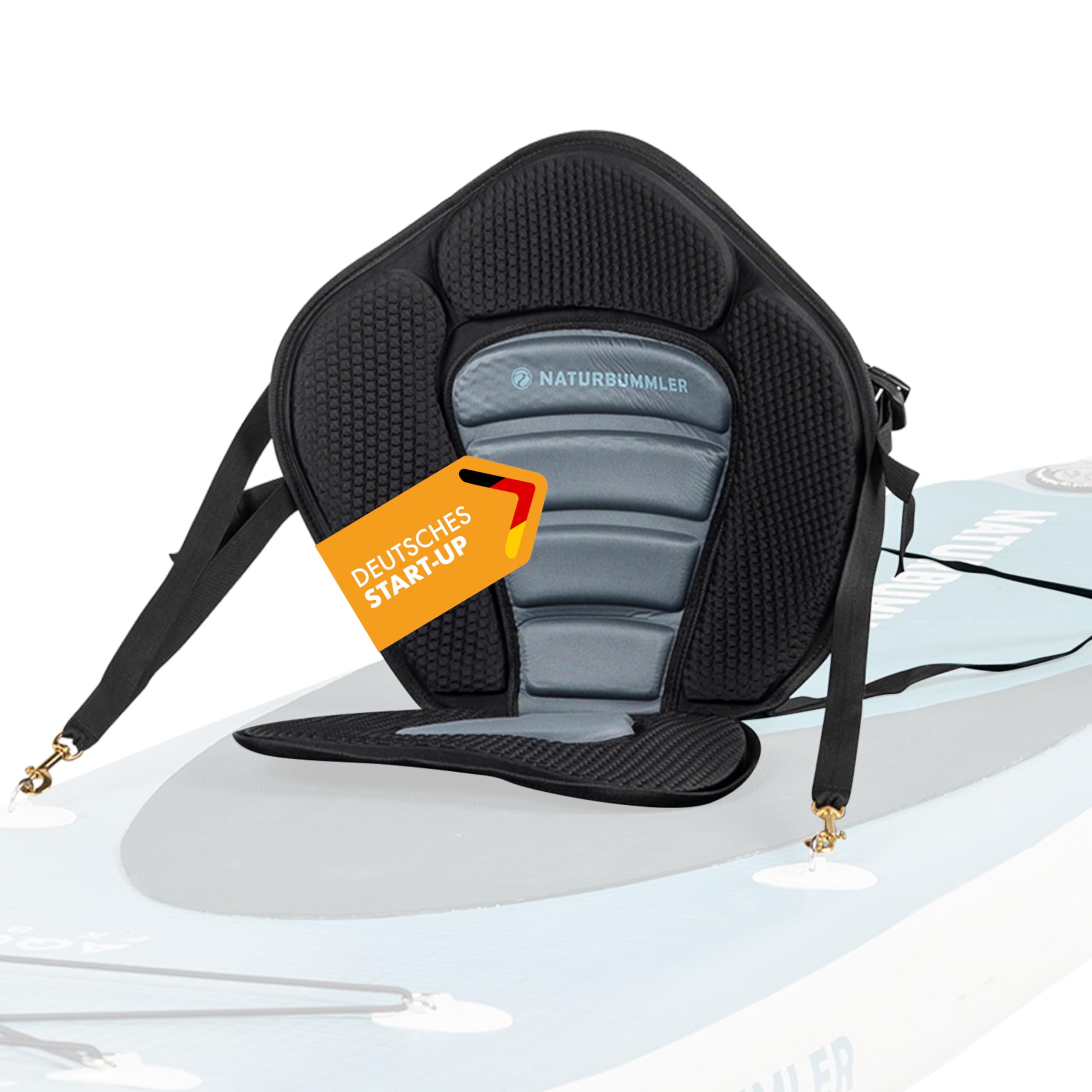 Naturbummler SUP Sitz zum Nachrüsten [Extra Comfort] gepolsterter Sitz (30×36 cm) für Stand Up Paddle Board – mit Rückenlehne (51×44 cm), Gurtsystem & Karabiner – für SUP Touren & Freizeit