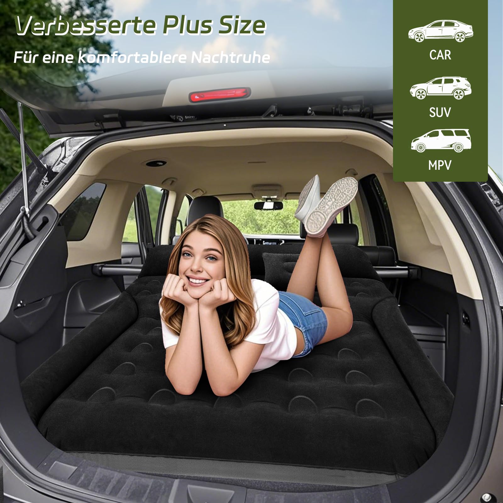 YOOHBERRYS Auto Matratze, 182 * 144cm SUV Auto Luftmatratze mit Luftpumpe, 2 Kissen, Verdickte Beflockung Aufblasbare Auto Bett Kofferraum für Camping Reisen Outdoor