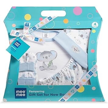 Mee Mee New Born Baby Gift Set | Soft Cotton Clothing Essentials for Infants/Baby Girls, Boys | Baby Shower Clothing Hamper (4 Pieces, Blue)| Ideal Gift for New Born Baby - image, photos
