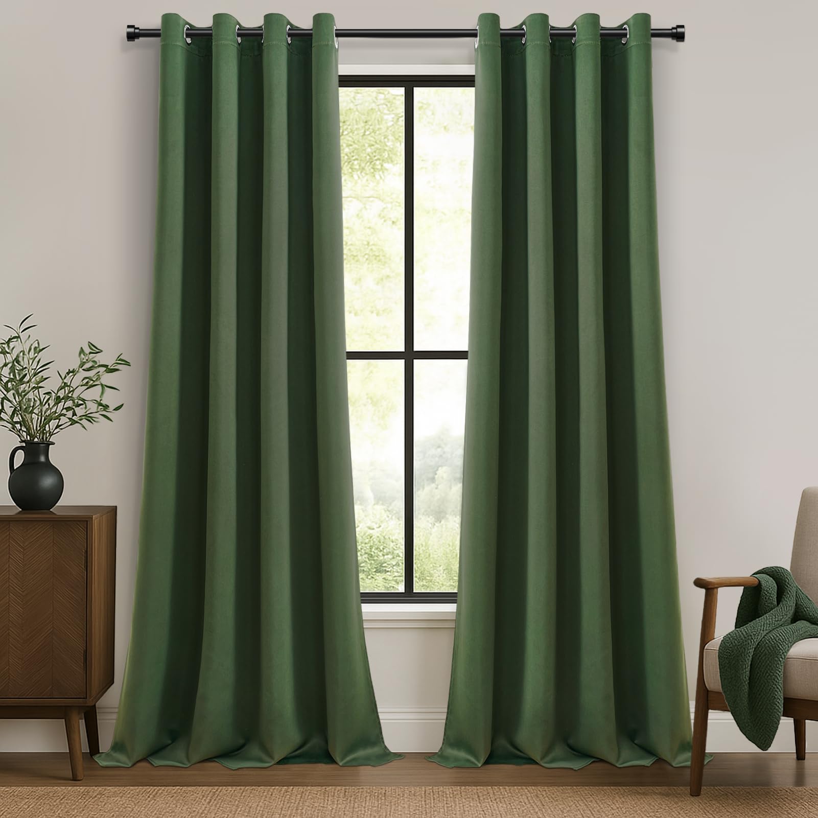 MRTREES Opaque Curtain with Eyelets Thermal Curtain Olive Green Set of 2 Opaque Curtains 260 cm Long 140 cm Wide Curtain Scarves for Living Room Bedroom Children's Room Blackout Curtain — image 1