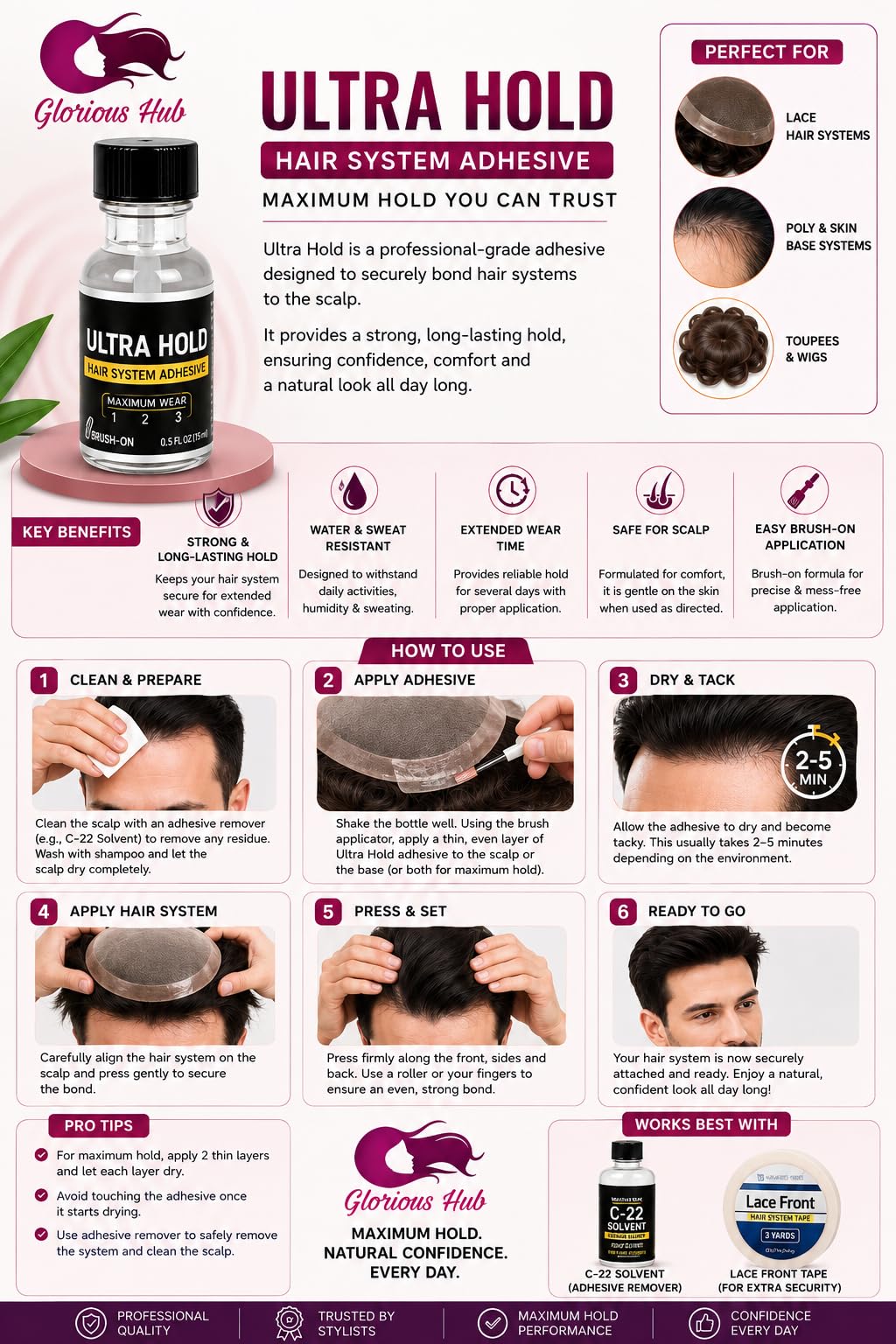 Glorious Hub Walker 15 Ml Ultra Hold Hair Patch/Hair Wig/Hair Toupee Glue for Men (Ultra Hold 15 Ml) 4