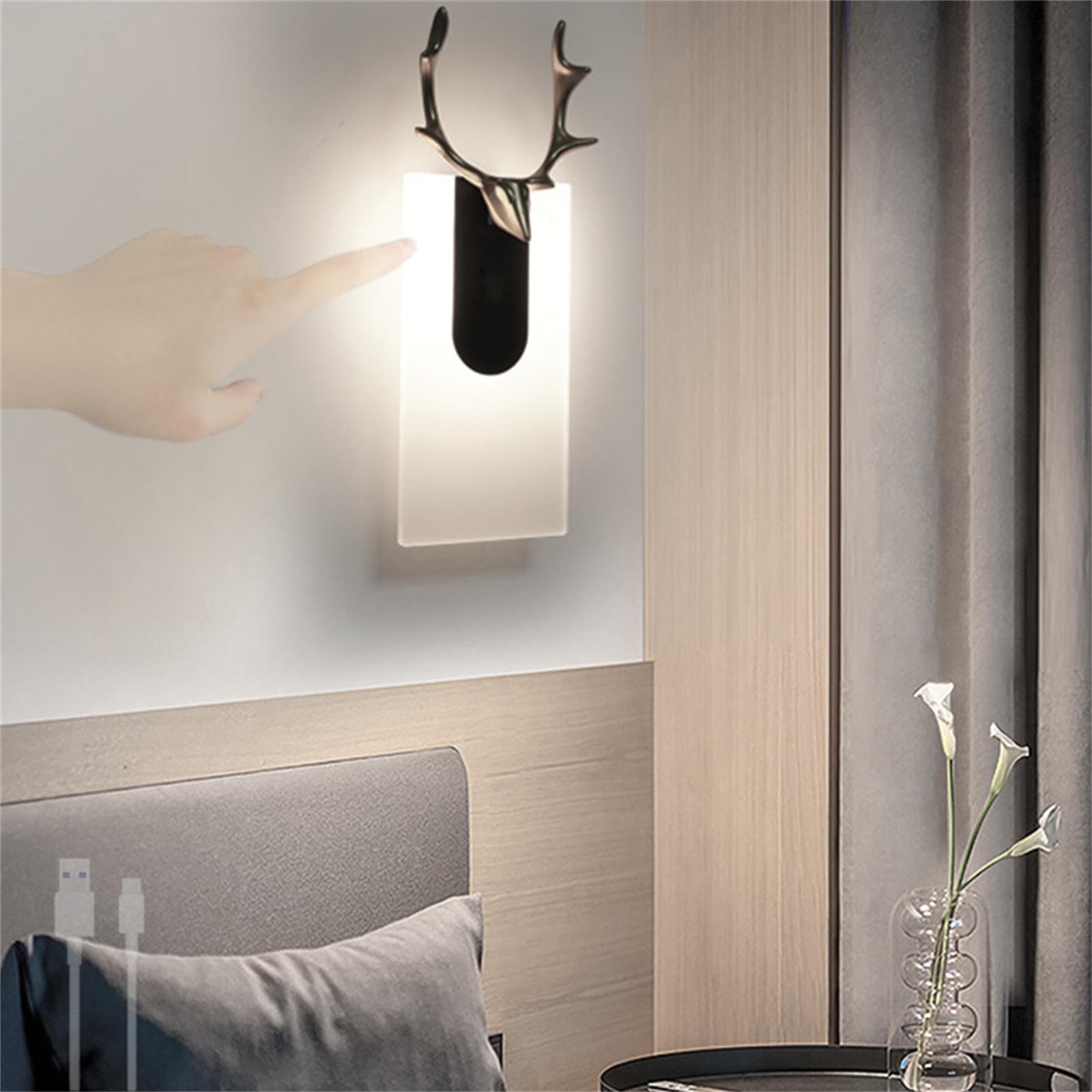 Applique con Interruttore Touch LED per Interni con Interruttore a Batteria Ricaricabile Tramite USB, Montaggio a Parete, Comodino (Luce Bianca, Quadrata)