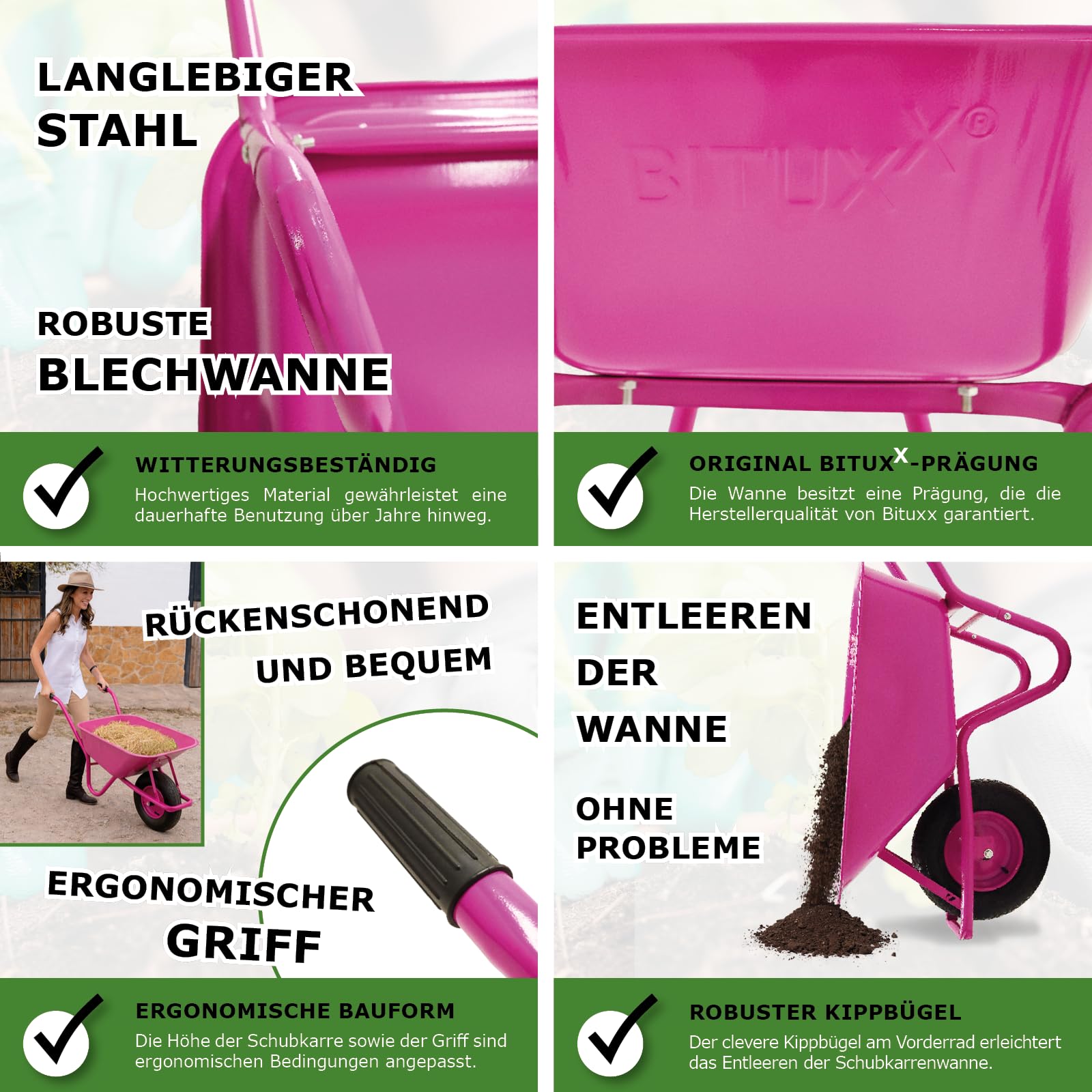 BITUXX® Schubkarre 100L Schubkarren Schiebkarre Bauschubkarre Verzinkt mit Luftreifen und Nadelgelagerter Achse bis 250kg Pink