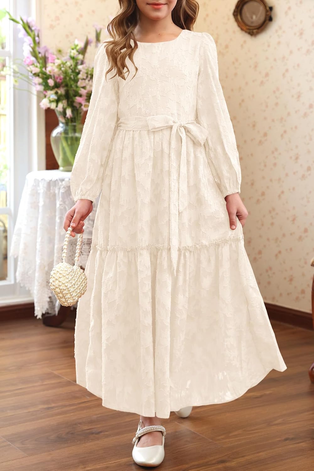 MITILLY Girls Long Sleeve Dress Elegant Floral Crew Neck Elastic Waist Formal Maxi Dresses with Belt 6-12 Years