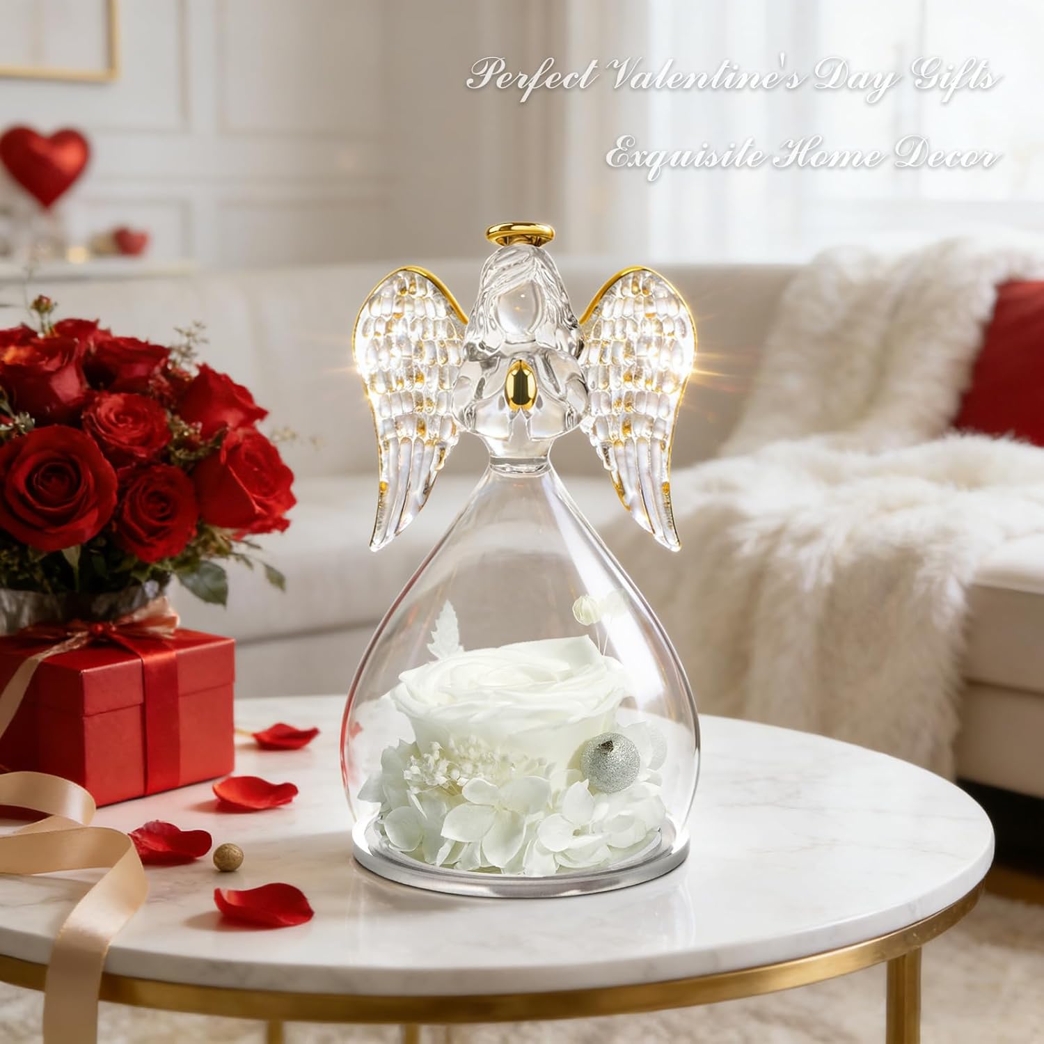 Sunia Valentines Day Rose Gifts for Women, Birthday Gifts for Mom Grandma, Forever Preserved Flower in Glass Angel Figurines Flowers for Delivery Prime, Mothers Day Real Roses for Her Wife - Image 2
