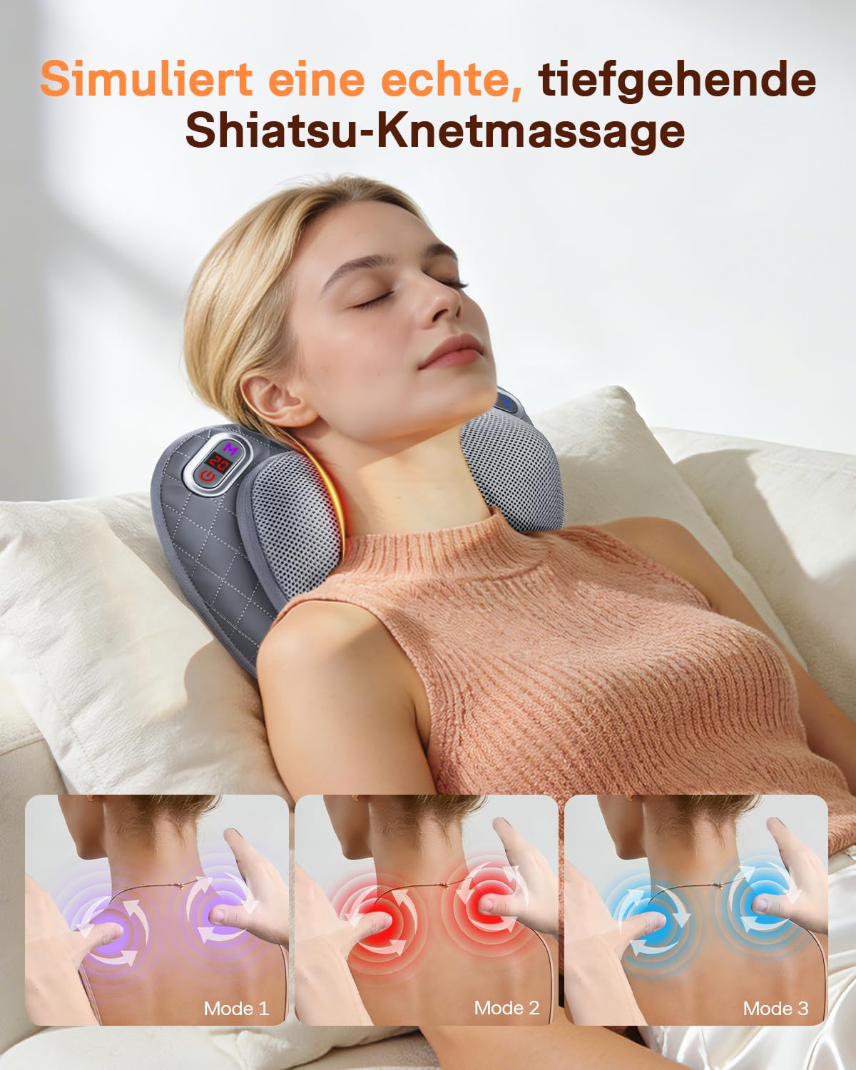ALLJOY Nackenmassagegerät mit Wärmefunktion, Kabelloses Shiatsu Massagekissen mit LCD-Display & Akku,Rückenmassagegerät mit 3D-Rotationsköpfen für Zuhause Büro Auto, Geschenk für Männer Frauen