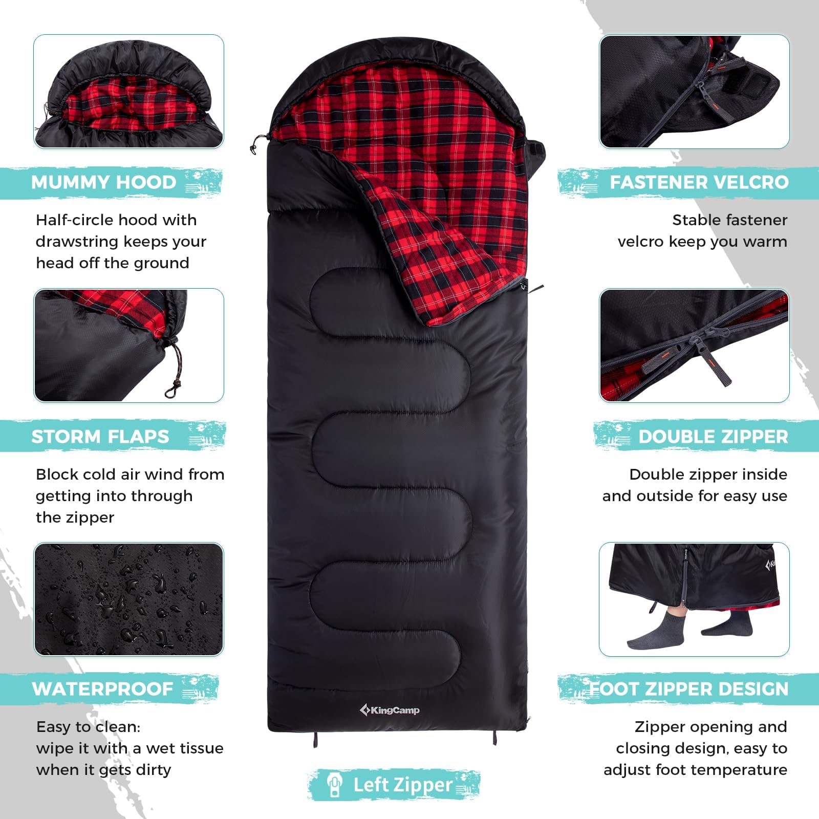 KingCamp for Adults, Winter | Flannel Lined Cold Weather 4 Season Sleeping Bag Sacos de Dormir Grandes y Altos, Ligeros, Resistentes al Agua para Camping, mochileros, Senderismo, Color Negro Derecho