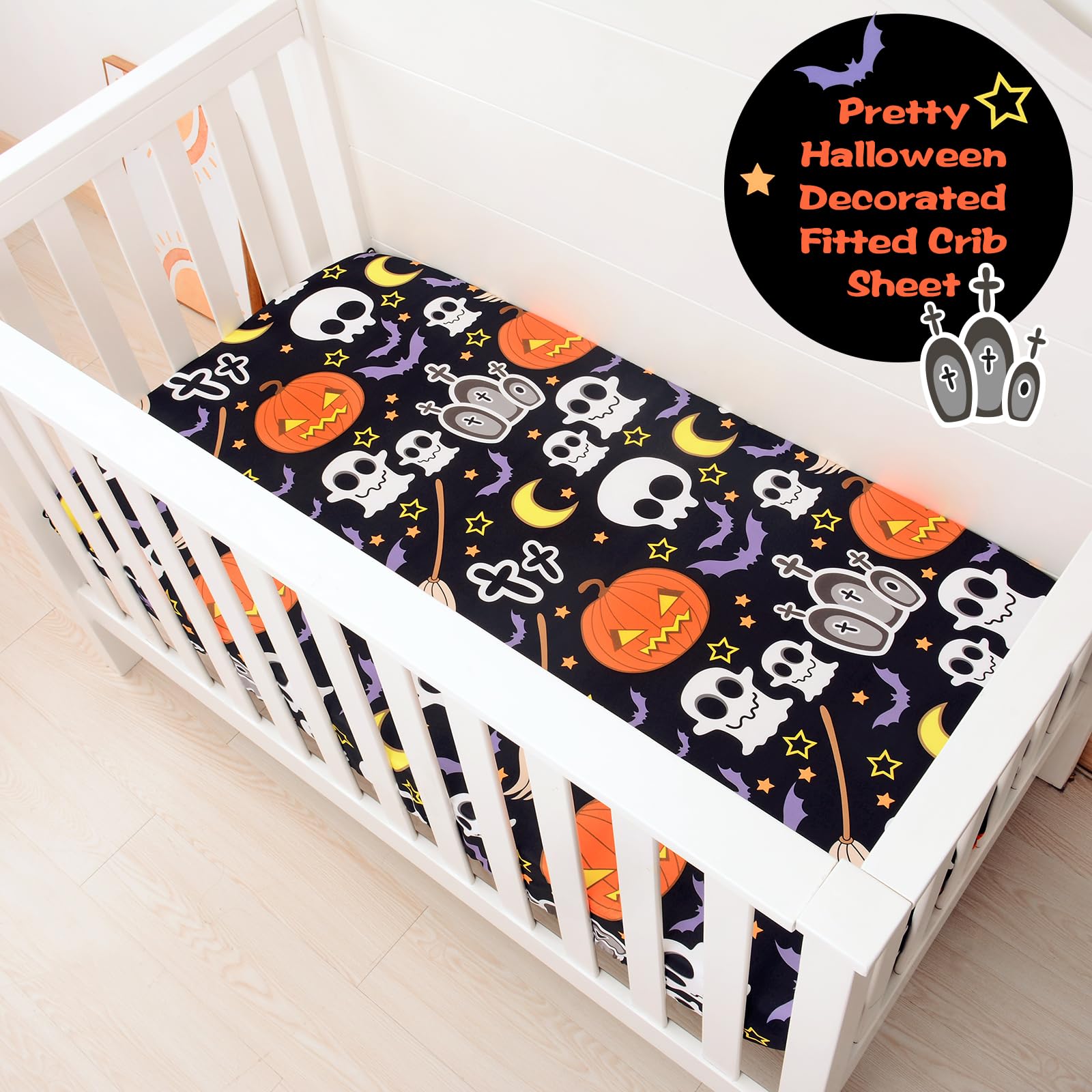 Halloween Themed Fitted Crib Sheet - Purple Ghosts, Skulls, Pumpkins, Cats & Bats Baby Sheet For Standard Crib & Toddler Mattresses