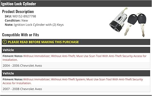 Cilindro de bloqueo de encendido con llaves, compatible con Chevy Aveo 2004-2008 (sin inmovilizador y antirrobo)