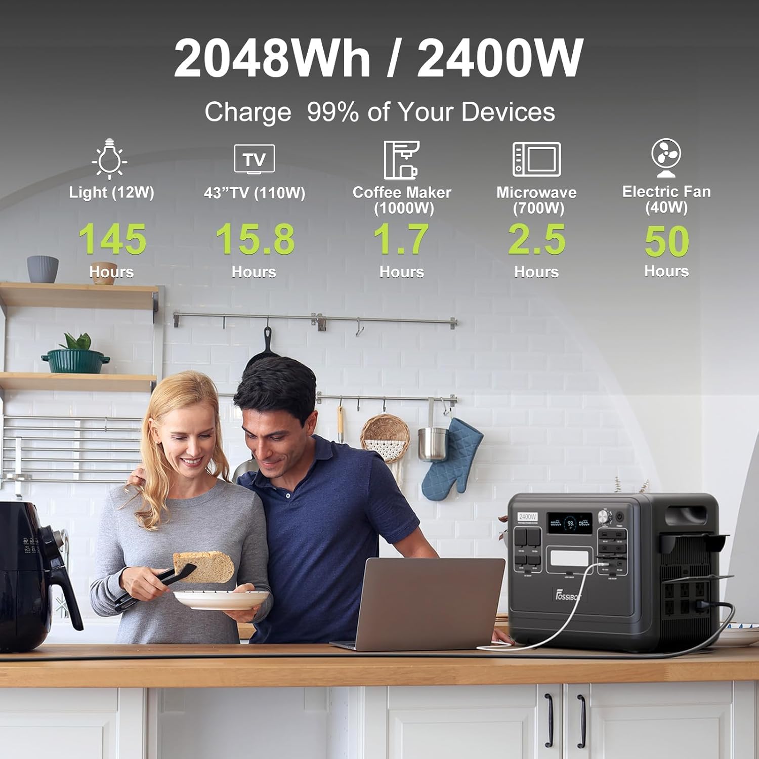 Estación de Energía Solar Portátil FOSSiBOT F2400, 2048Wh Batería LiFePO4, 2400W (4800W Pico), Carga Rápida en 1.5h, 3 Tomas CA, UPS, para Cortes de Luz, Camping y Autocaravana