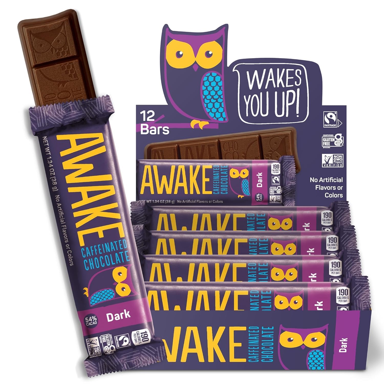 Awake Caffeinated Chocolate Bars - Dark Chocolate, 12 Bars - 100mg Caffeine - 1 Bar Equals 1 Cup of Coffee - Individually Wrapped Energy - Fairtrade, Gluten Free, Non GMO, Kosher - 1.34oz