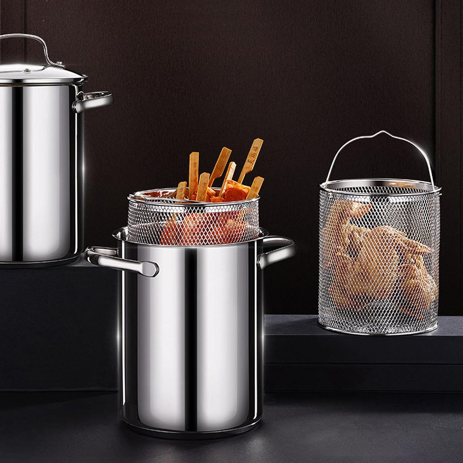 Fryer Casserole, mini deep Fryer Small Fryer 304 Stainless Steel Pot 304 Stainless Steel for Home kitchen1 X fryer1 X Screen