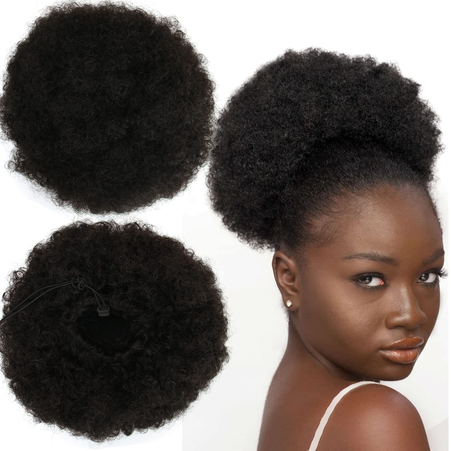 NICETODAY Afro Puff Drawstring Ponytail For Black Women, Kinky Curly Short Afro Puff Drawstring Ponytail Extension, Clip On Synthetic Updo Hair Ponytail Extension With Two Clips(2#)