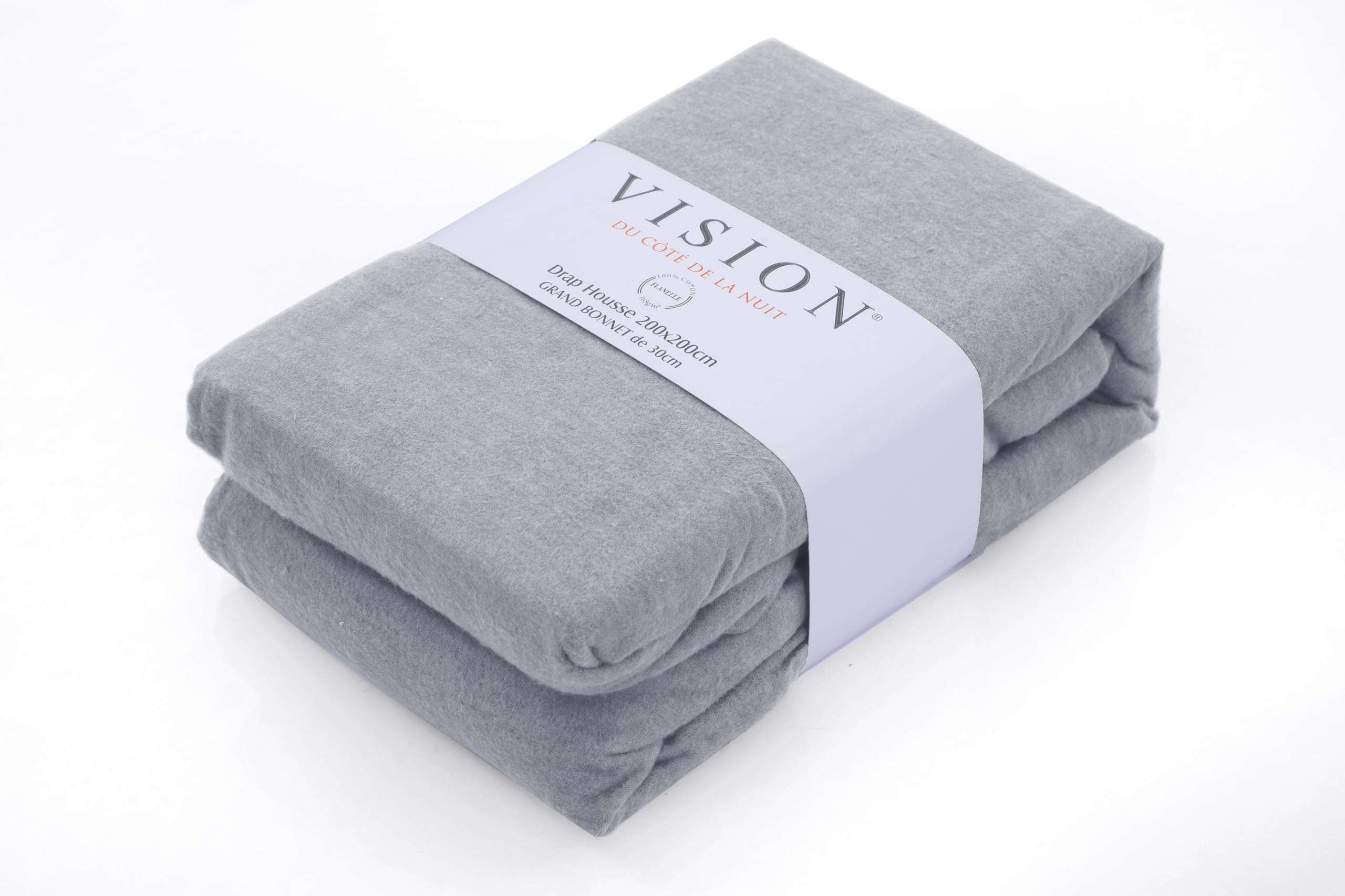 VISION - Drap Housse Flanelle Gris - 160 x 200 cm avec Bonnet Large de 30cm pour lit 2 Personnes - 100% Coton Flanelle : Doux et Chaud - Oekotex (Lot de 2)
