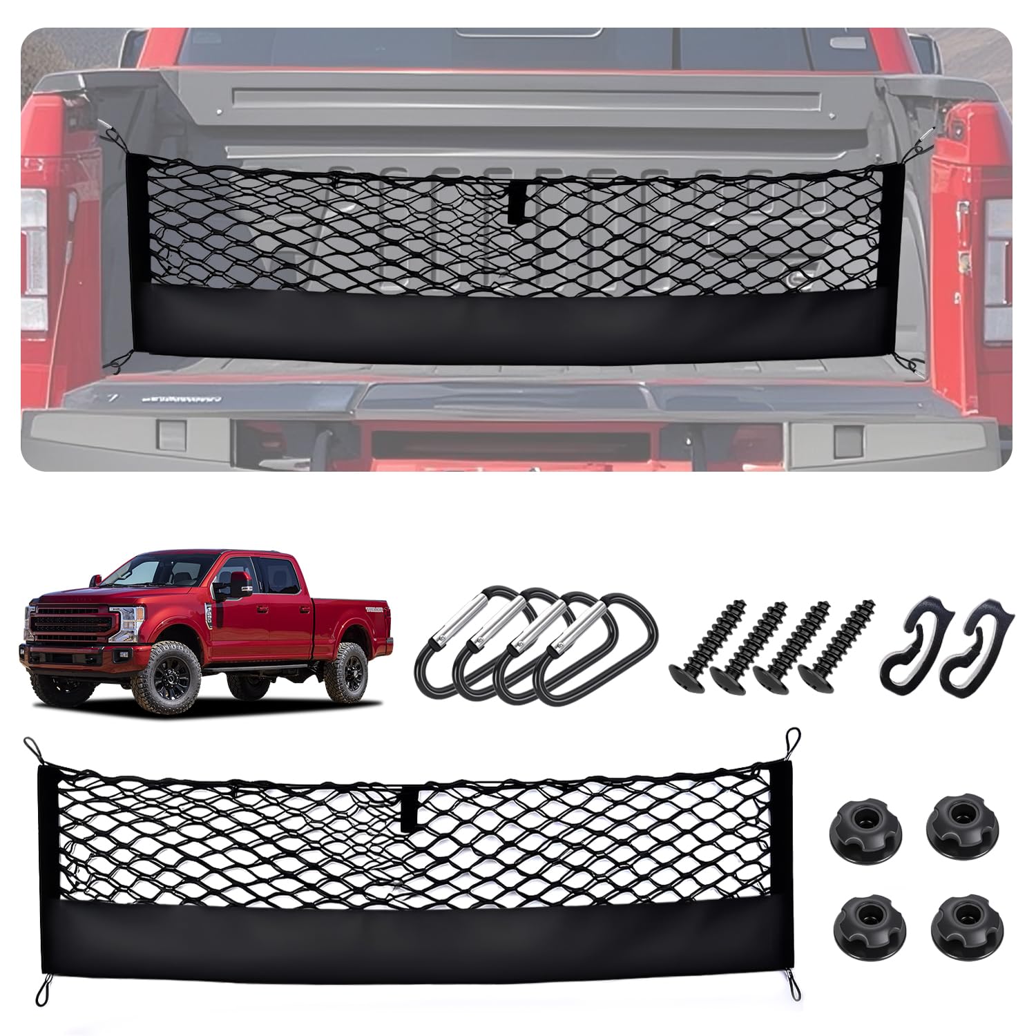 Truck Bed Cargo Net for 2015+ Ford F150 &amp; 2017+ F250/F350/F450 Accessories, Envelope Style Trunk Mesh Cargo Net, Heavy Duty&amp;Double-Layer Nylon Storage Netting Organizer(Not for Spray-in Liner Beds)