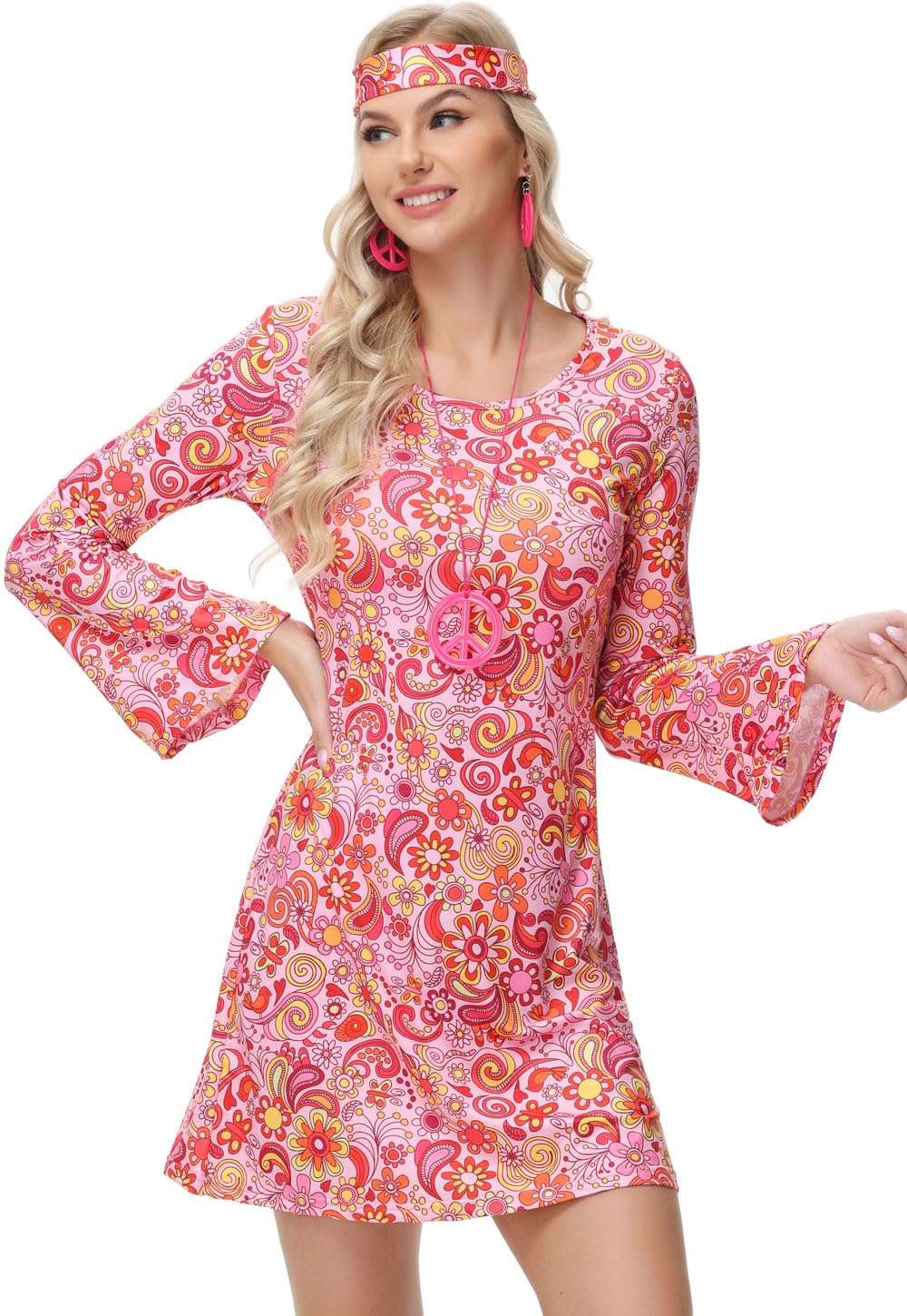 ELFIN Women's 60s 70s Hippie Costume Set, Disco Outfit with Glasses, Headband, Necklace, Earrings, Carnival Theme Party Halloween - Image 3