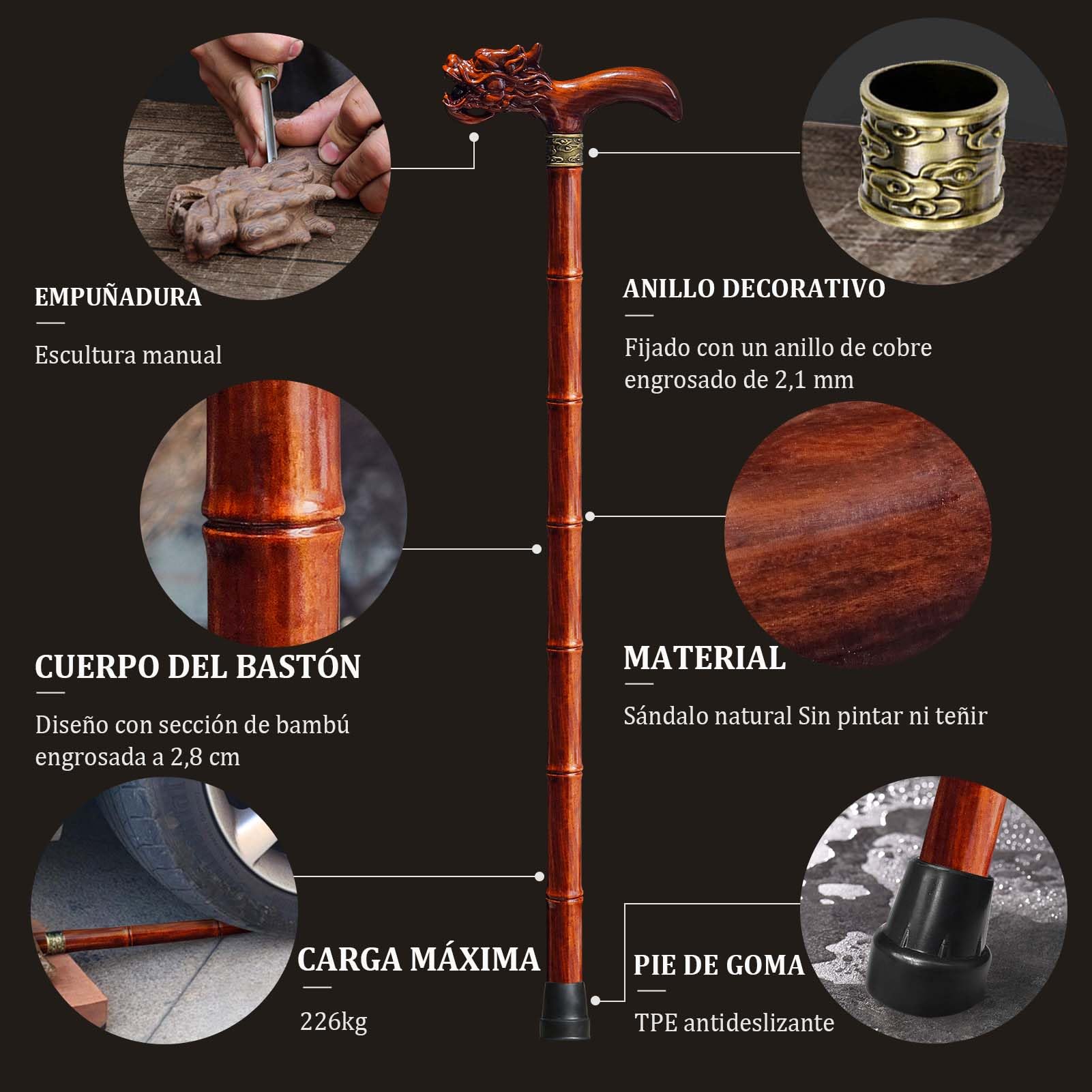 Bastón de Madera Tallado a Mano de para Hombre y Mujer, Diseño Ligero Que Soporta hasta 226 kg, Bastones para Personas Mayores, Adecuado para Regalar (Madera de Sándalo)