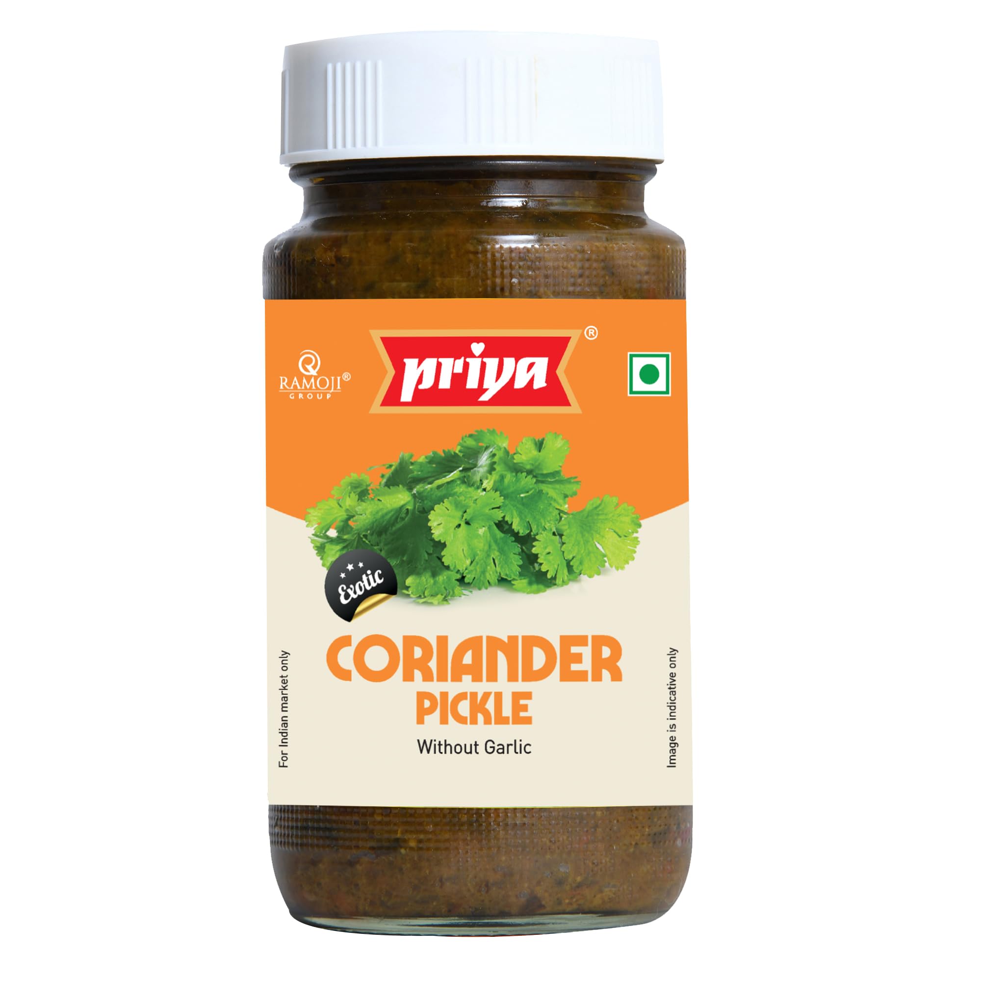 Priya Coriander Pickle without Garlic, 300g - Authentic Telugu Styles Achar | Traditional South Indian Taste | Homemade Dhaniya Achar | Tangy and Spicy | With Coriander Leaves and Mixed Spices | Glass Jar
