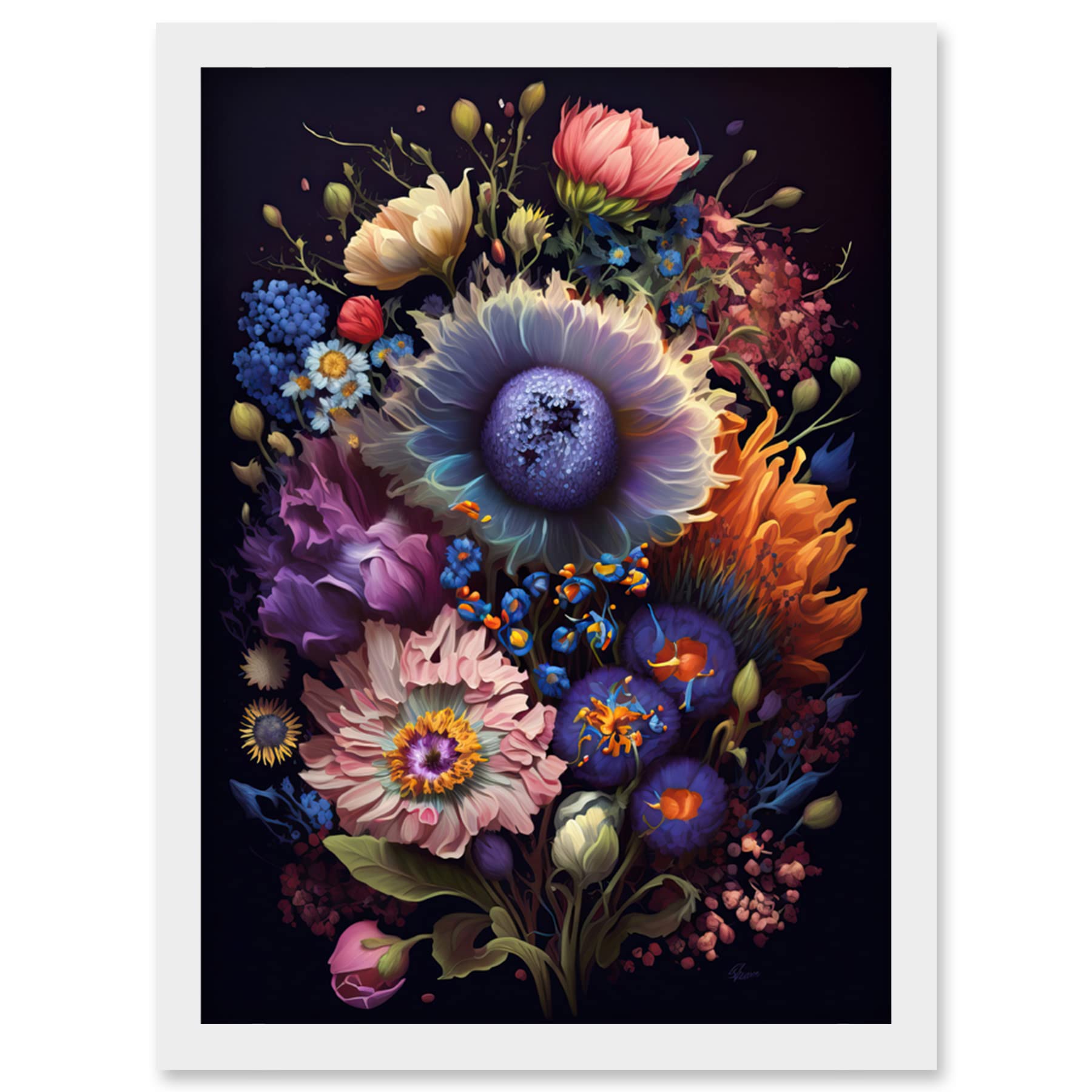 Artery8 Flower Bouquet Purple Pink Orange Floral Art Artwork Framed Wall Art Print A4