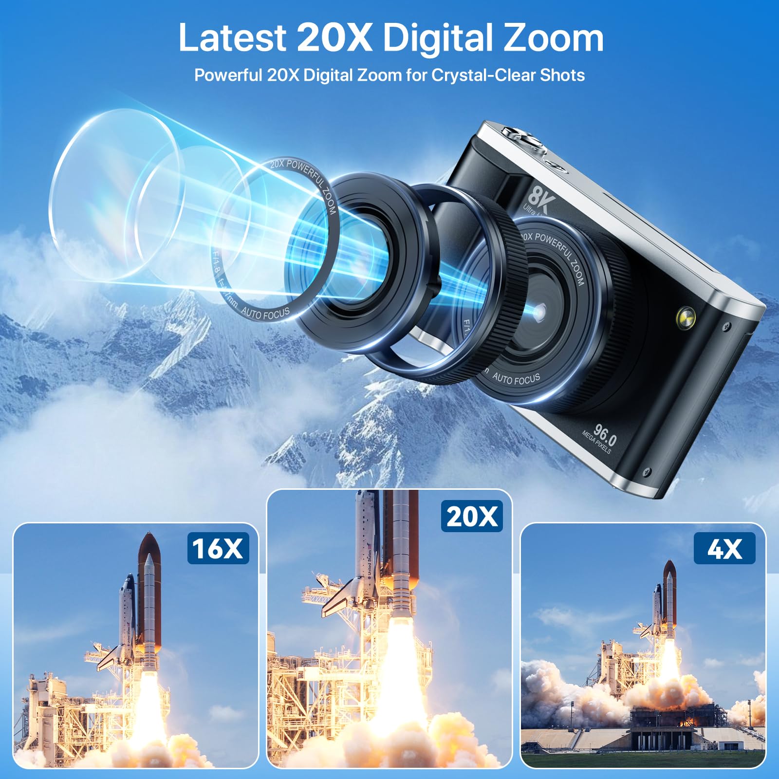Cámara Digital 8K 96MP con WiFi, Zoom Digital 20X, Cámara de Fotos con Enfoque Automático y Estabilización Anti-Shake, Pantalla Abatible de 3,5" 180°, Tarjeta SD de 32GB y 2 Baterías